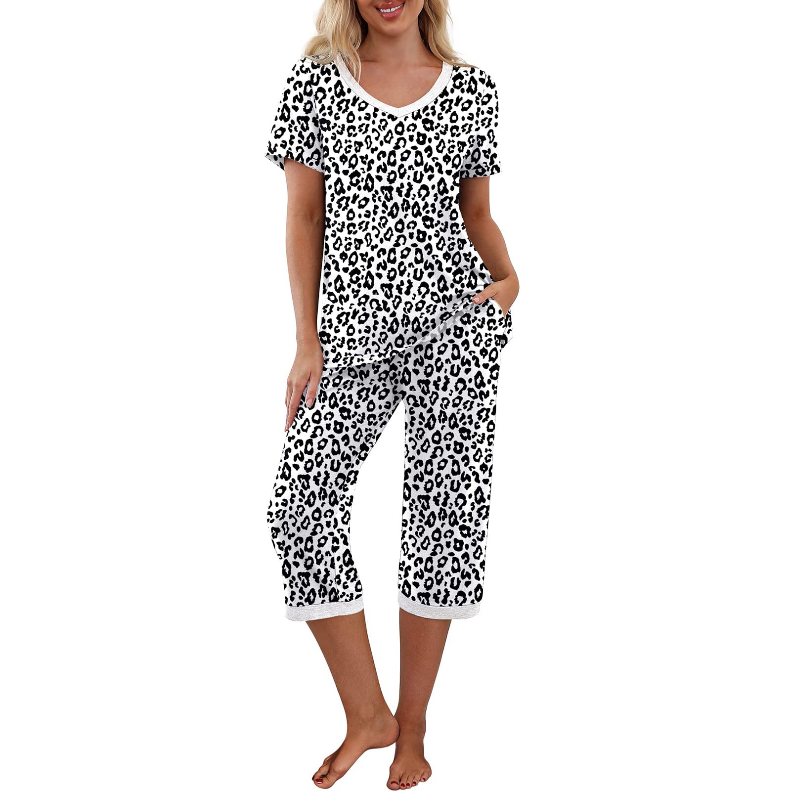 Franhais Women's Short Sleeve V-Neck Pajama Set - 2 Piece Lounge Sleepwear with Pockets | Soft & Comfortable PJS Outfit for Sleeping, Lounging at Home, and Relaxing