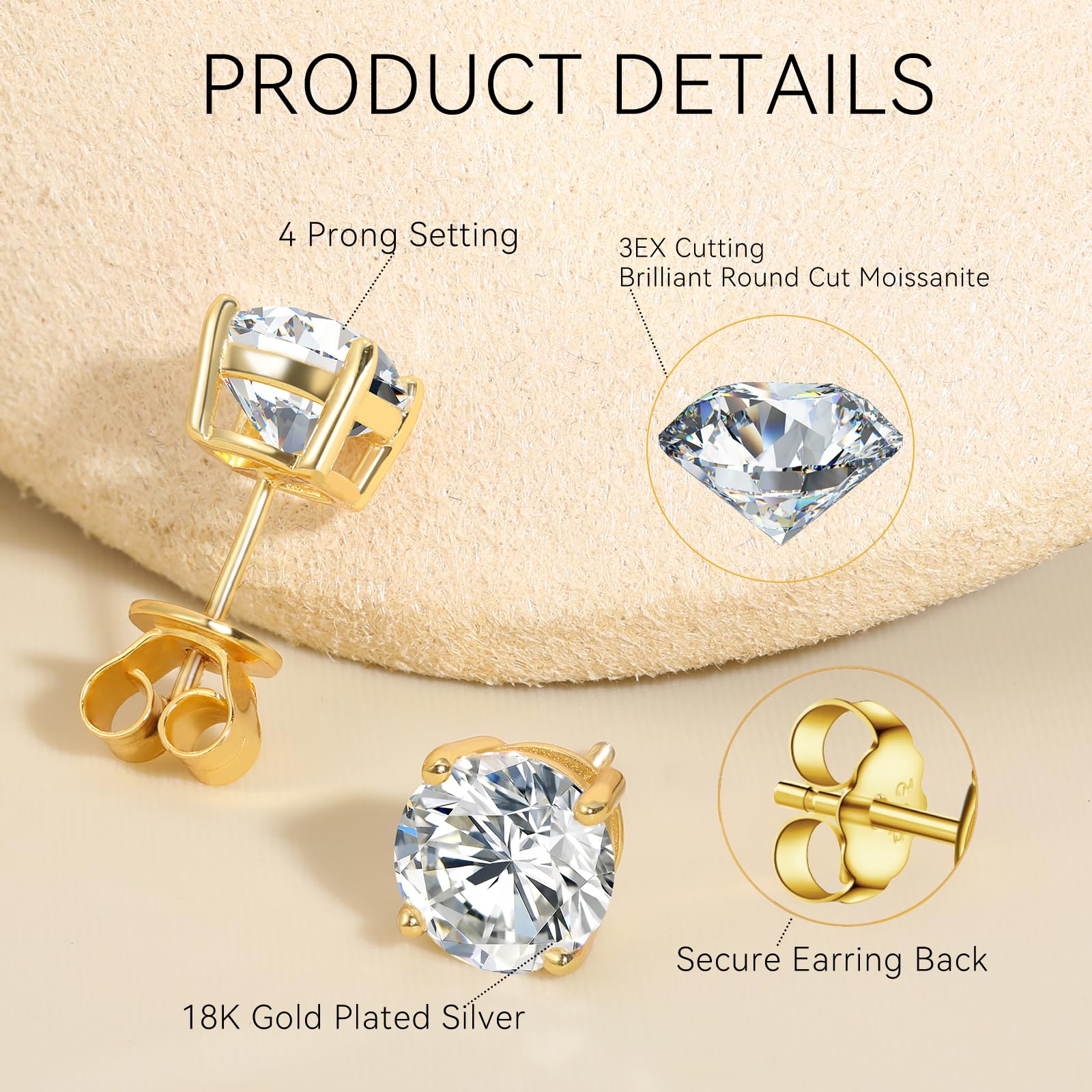 Hypoallergenic Moissanite Stud Earrings 0.2CT-8.0CT | D Color VVS1 Clarity Round Cut Lab-Created Diamond Alternative | 18K Gold Plated & 925 Sterling Silver | Anniversary & Everyday Jewelry Gift for Women & Men | Perfect for Weddings, Parties & Professional Occasions