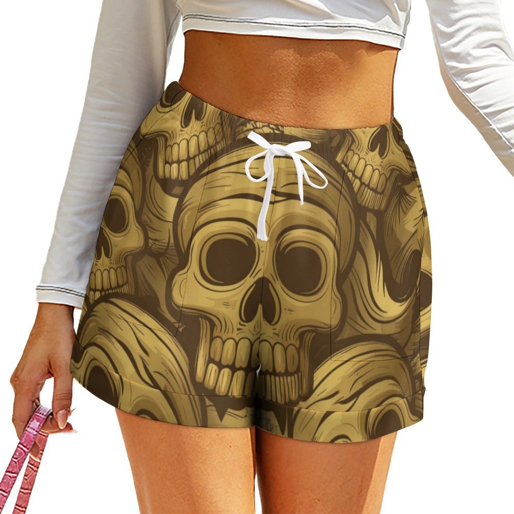 Stylish Bronze Skulls High Waist Loose Elastic Waist Shorts for Women - Comfortable Casual Summer Fashion for Beach, Gym, and Everyday Wear