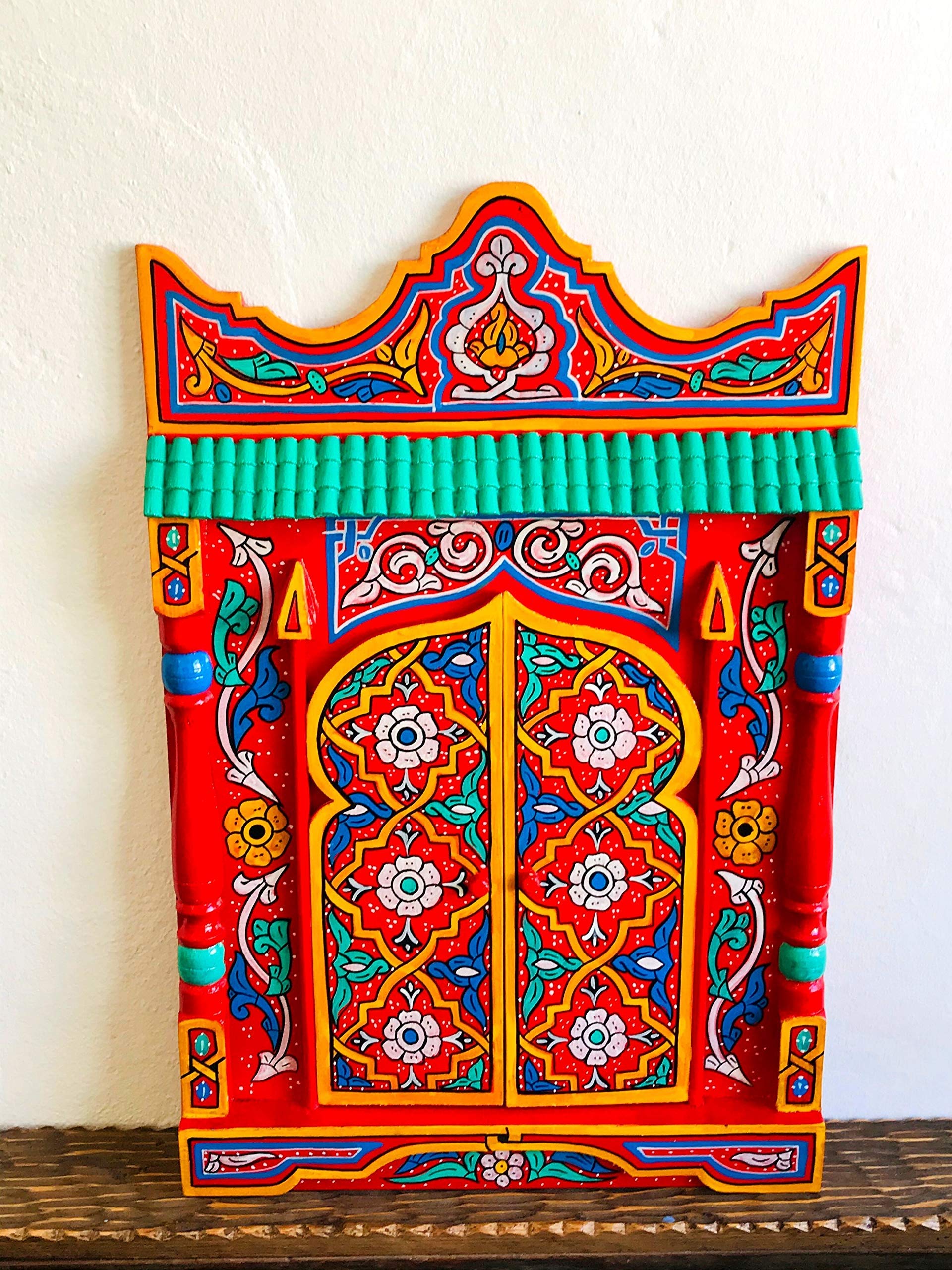 Hand Painted Moroccan Red Rustic Wooden Shelf & Hanging Mirror Frame - Farmhouse Wall Art Decor for Living Room, Bedroom, Entryway