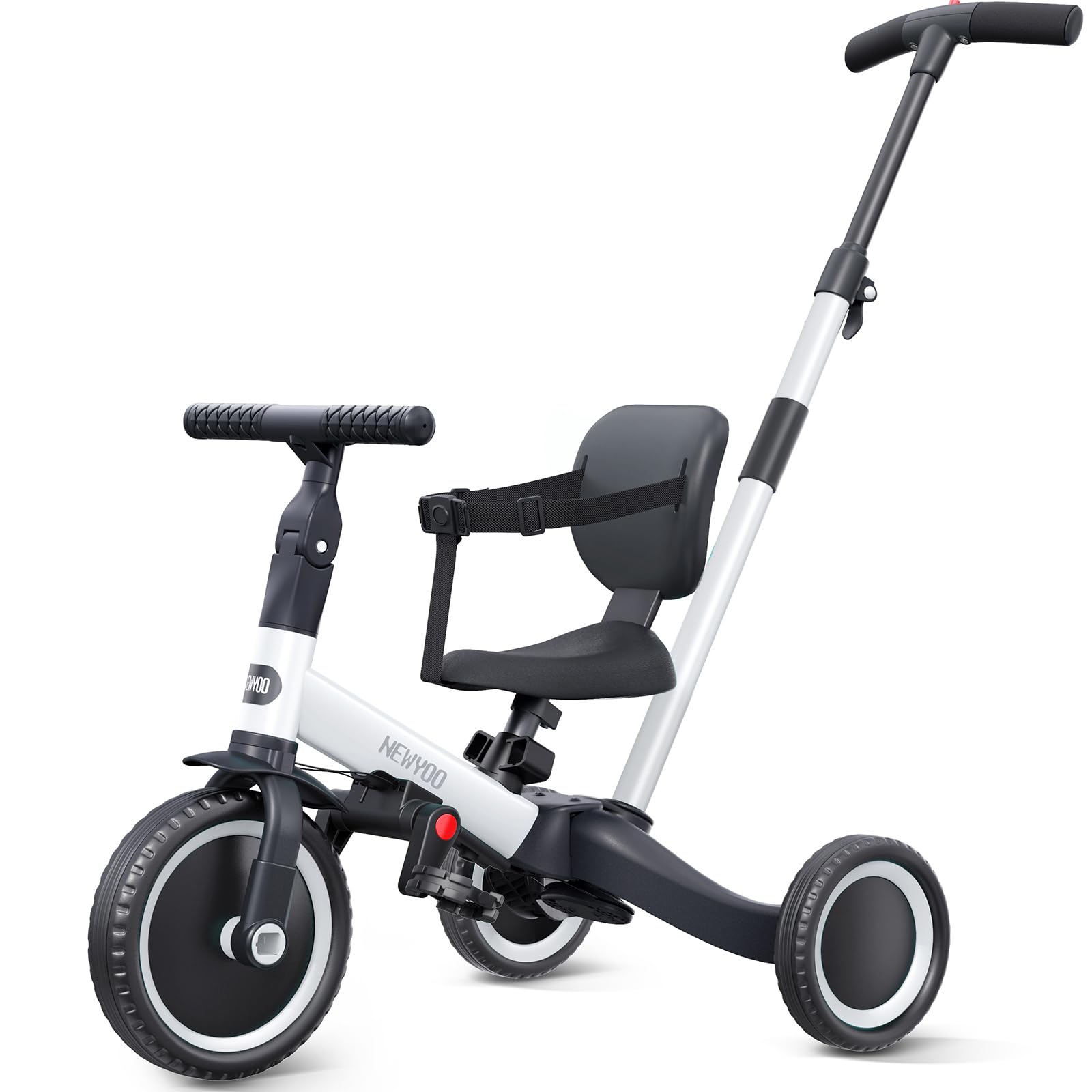Newyoo 4-in-1 Toddler Tricycle for 1-3 Year Olds - Convertible Balance Bike with Parent Push Handle & Removable Pedals - White (TR007) - Perfect First Bike for Boys & Girls - Ideal for Indoor Play, Outdoor Rides & Birthday Gifts