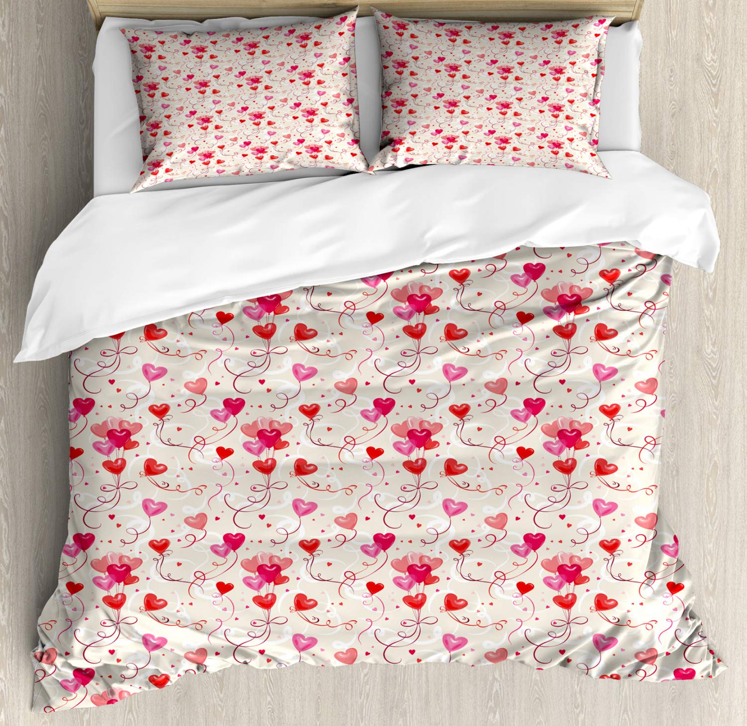 Ambesonne Valentine's Day Duvet Cover Set - Heart Balloons & Mini Hearts Print, 3-Piece Queen Size Bedding with 2 Pillow Shams in Eggshell Vermilion | Romantic Bedroom Decor for Couples, Anniversary Gift Idea