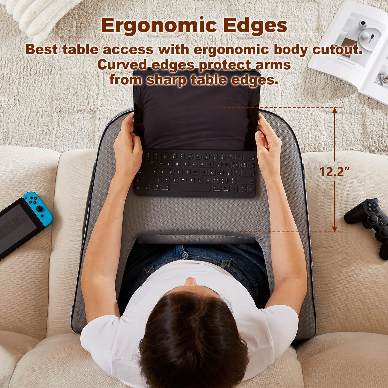 Ergonomic Lap Desk Pillow with Arm Support - Soft Laptop Cushion for Reading, Working & Relaxing on Couch or Bed - Grey Comfort Pillow for Home Office & Study Use