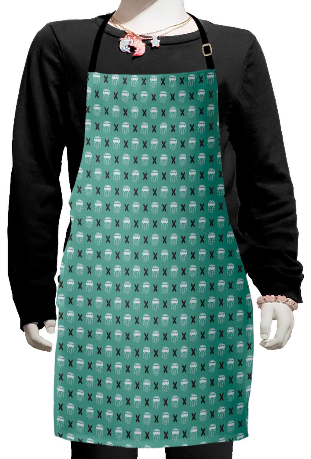 Ambesonne Marine Life Apron - Minimal Retro Vintage Camper Vans & Surfboards Print - Adjustable Ties Small Bib Apron for Baking, Painting, Cooking - Pale Teal & Coconut - Perfect for Beach Parties, BBQ, Art Classes & Home Kitchen Use