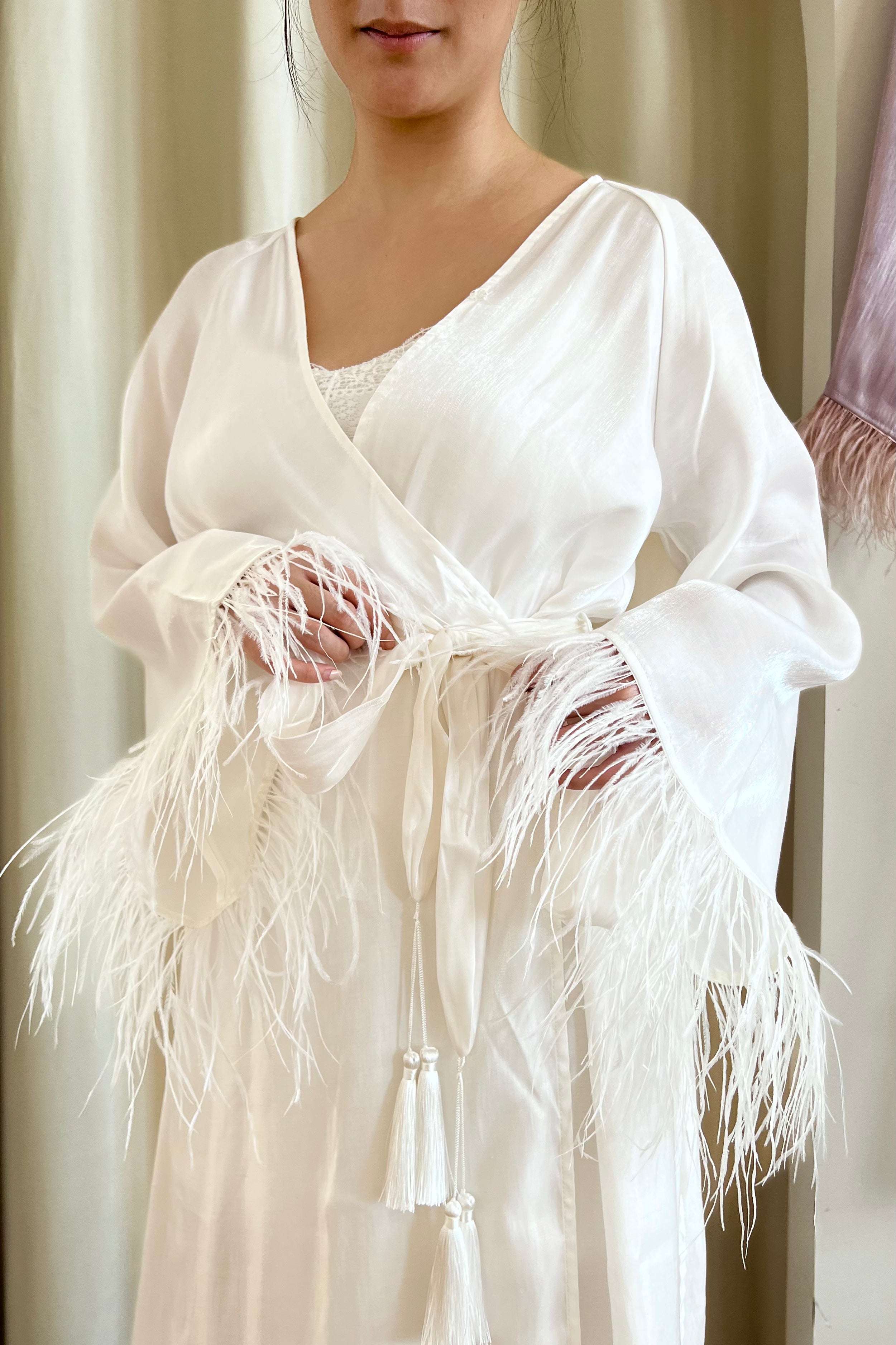 White Dandelion Feather Robe - Lightweight Kimono Cover Up for Women - Perfect for Beach, Bridal Party & Boho Fashion