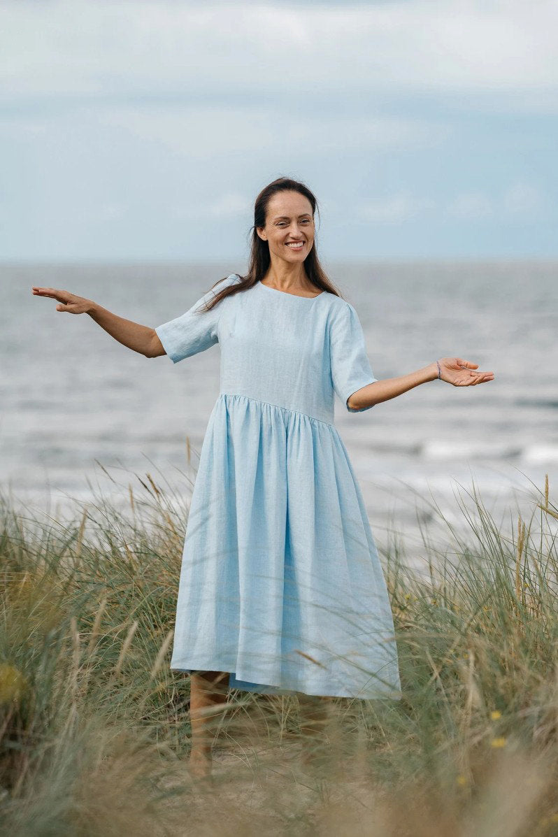 Linen Loose Dress in Sky Blue - Comfortable Summer Maxi Dress for Beach, Vacation & Casual Wear