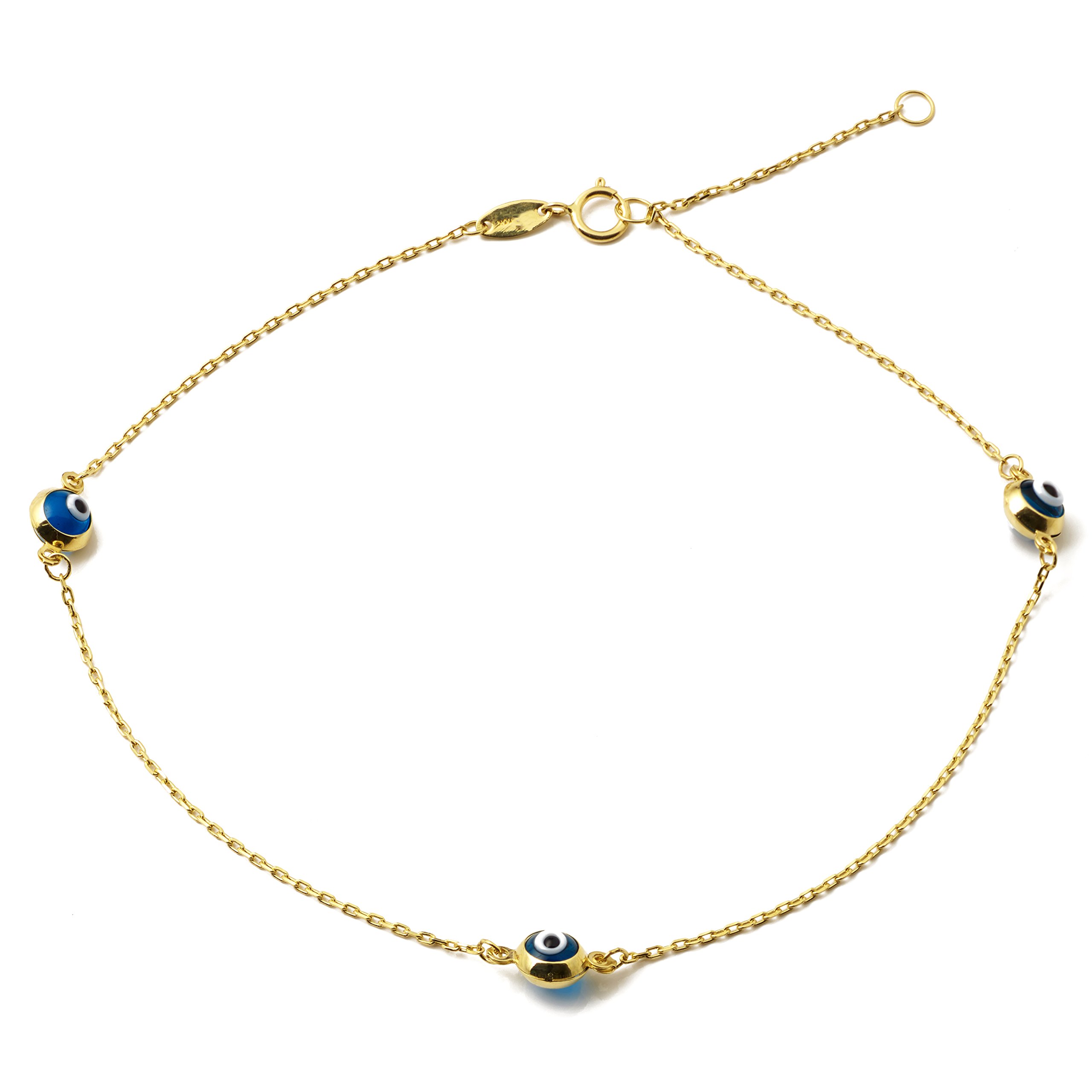 10K Yellow Gold 0.5mm Rolo Chain Evil Eye Charm Anklet - Adjustable 9-10 Inches - Spiritual Protection Jewelry for Women - Perfect for Everyday Wear, Beach Vacation & Boho Style Outfits