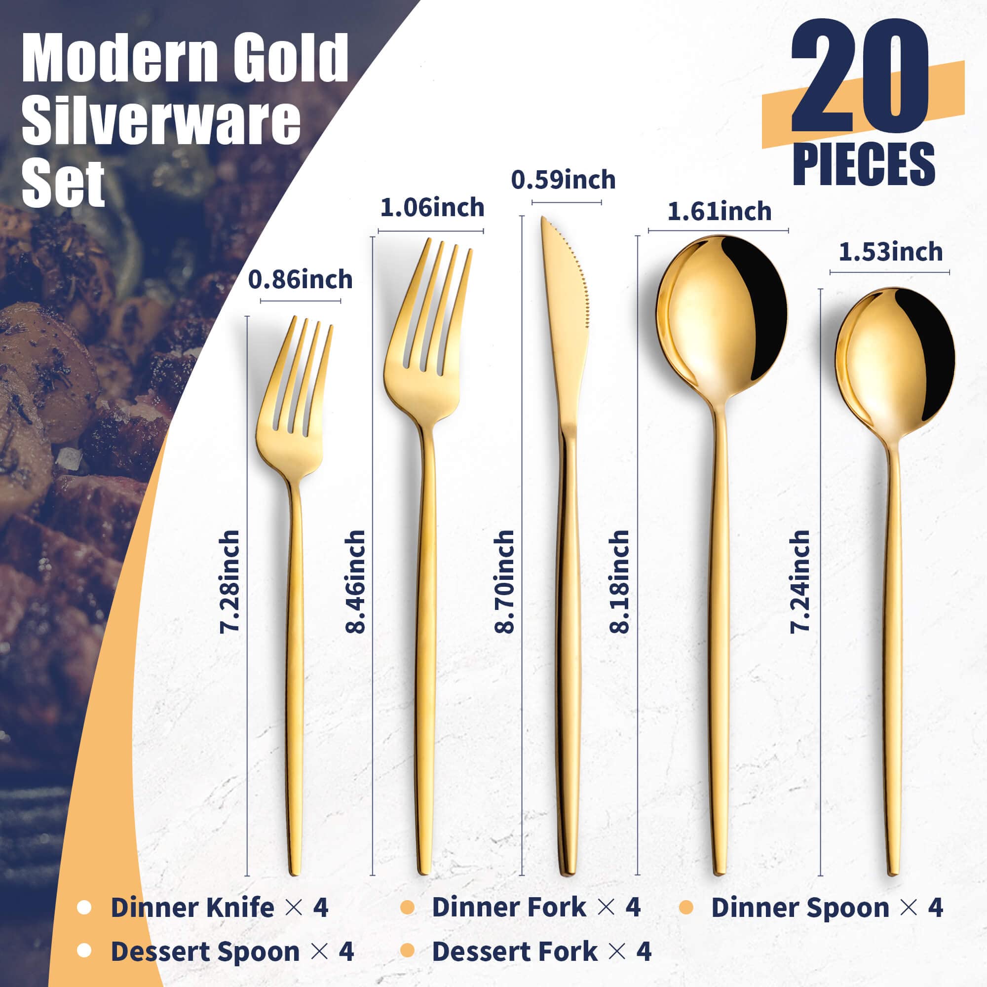 20-Piece Gold Silverware Set - Stainless Steel Flatware Cutlery Set for 4 People (Forks, Spoons, Knives) - Elegant Kitchen & Tableware for Home & Restaurant Use - Dishwasher Safe - Perfect for Dinner Parties, Weddings & Daily Dining