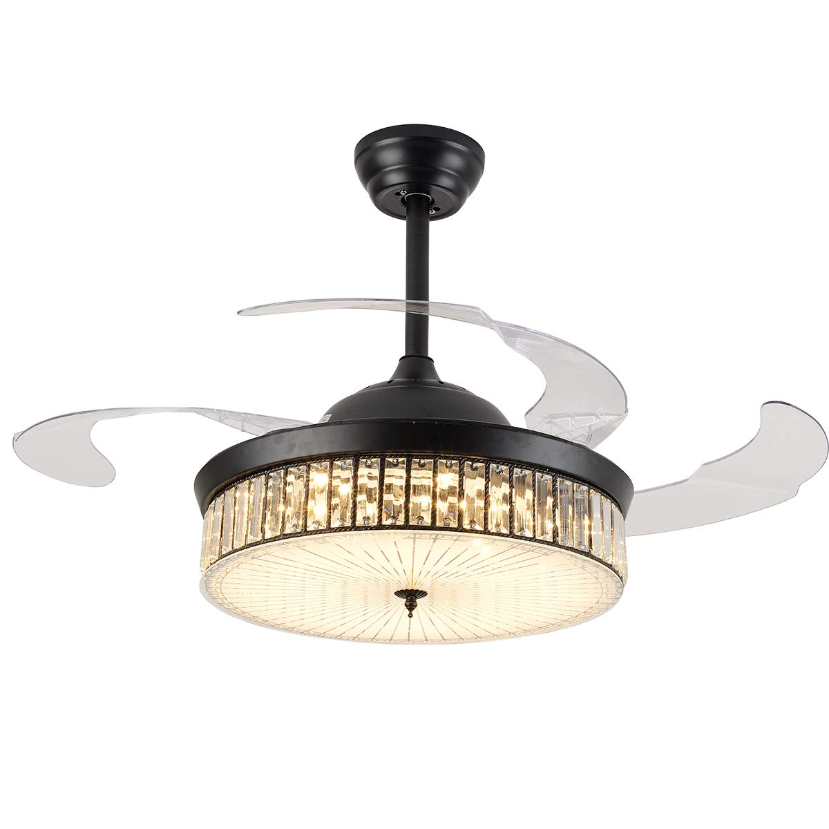 OUKANING 42 Inch Black Crystal Ceiling Fan with LED Lights - Remote Control, 3-Speed Retractable Blades, Ultra Quiet for Bedroom & Dining Room | Modern Chandelier Design for Home Cooling and Elegant Lighting