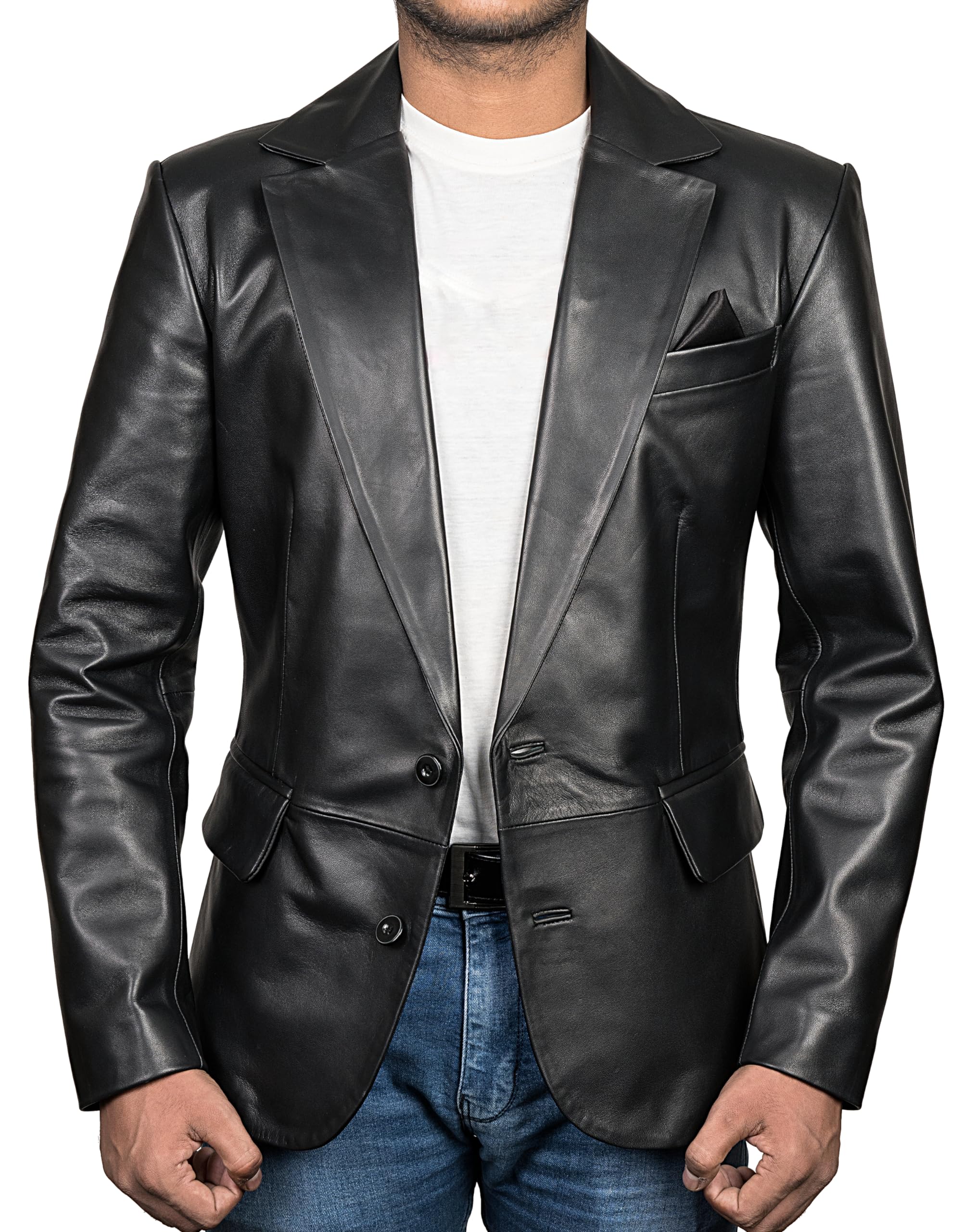 HIGOBO Genuine Lambskin Black Leather Blazer for Men - Slim Fit Casual Overcoat Jacket - Perfect for Business, Office, and Evening Events