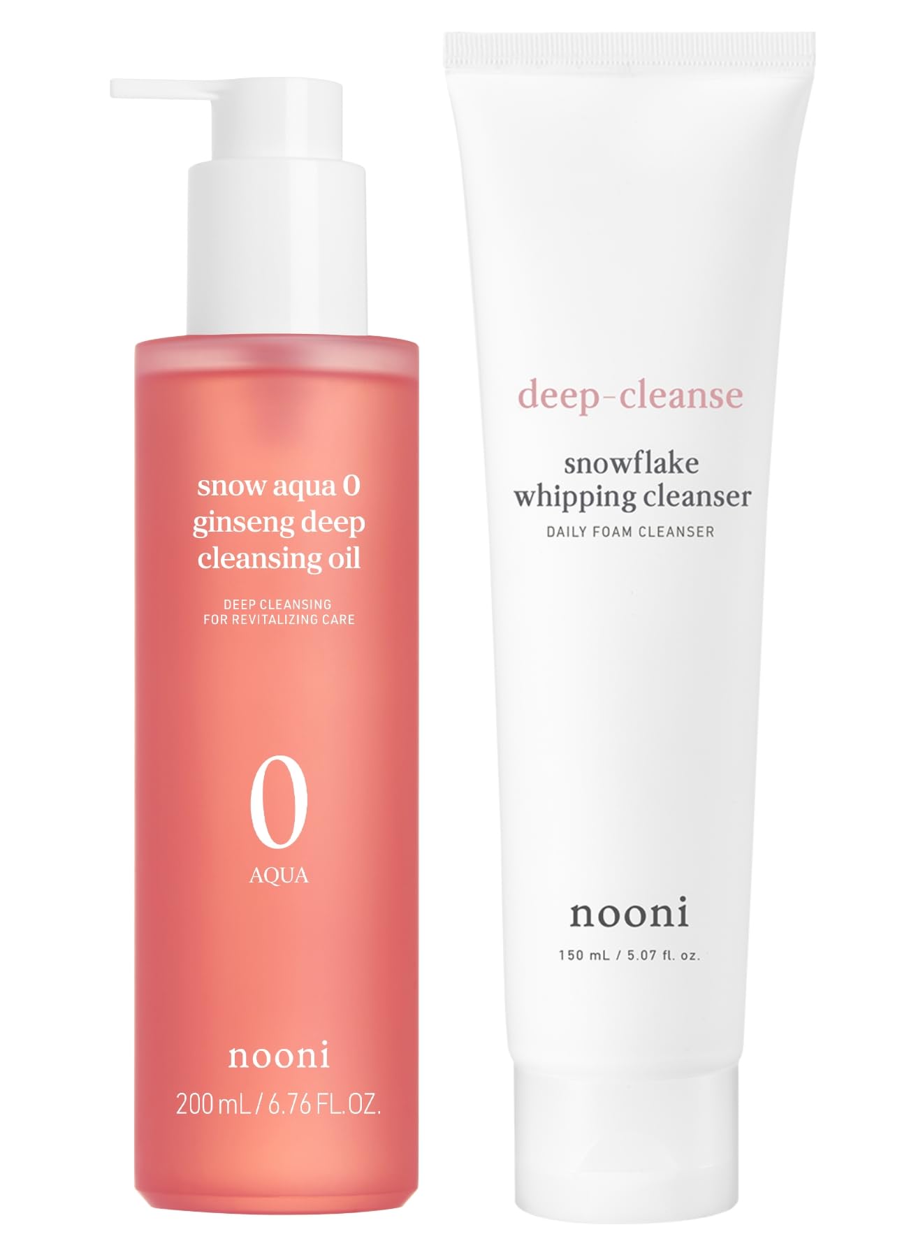 NOONI Korean Cleansing Oil & Facial Cleanser Bundle - Snow Aqua Ginseng Deep Cleansing Oil (200ml) & Snowflake Whipping Foam Cleanser (150ml) for Hydrating & Brightening | Perfect for Double Cleansing Routine & K-Beauty Skincare Regimen