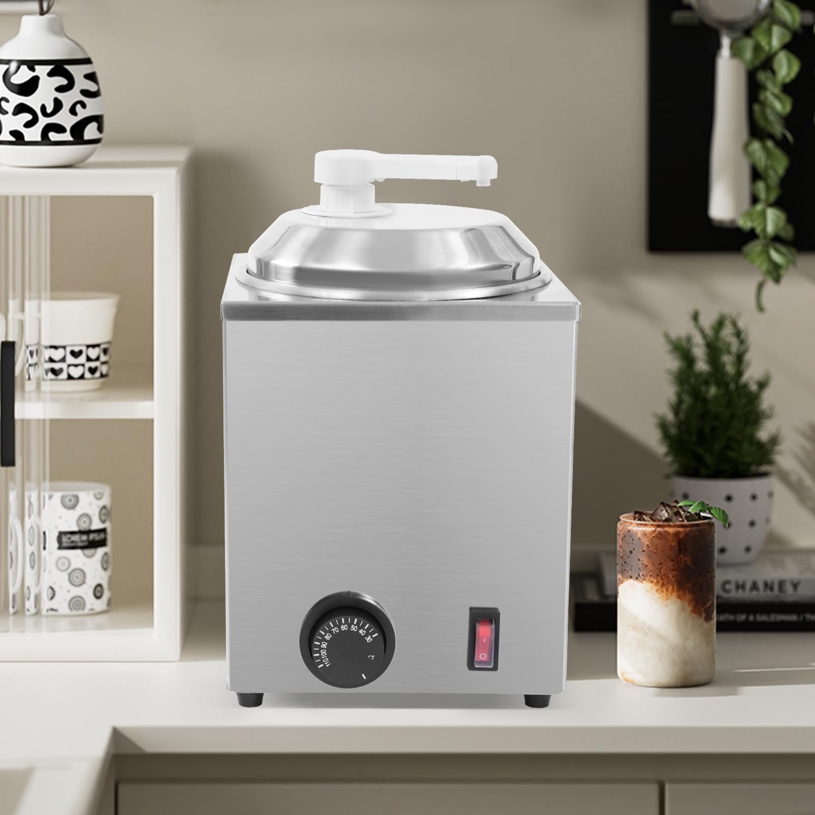 Stainless Steel Hot Fudge Warmer with Pump - 2.3L/2.4Qt Adjustable Temperature (30-110℃/86-230℉) 650W Electric Cheese & Caramel Dispenser for Sauces, Curry, Chili - Perfect for Restaurants, Cafes & Dessert Shops