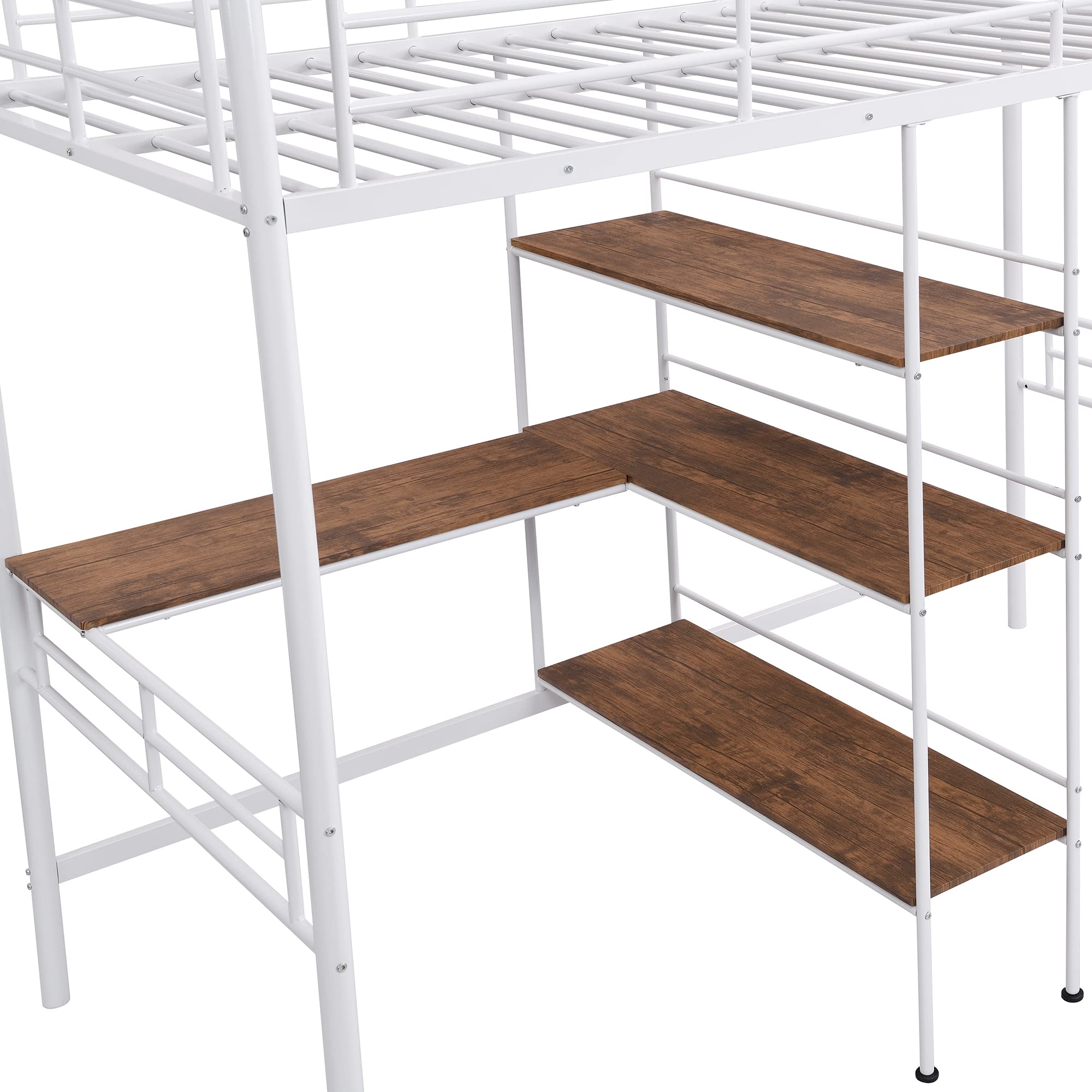 Bellemave Twin Size Metal Loft Bed with Built-in Desk & Storage Shelves - Heavy Duty Steel High Loft Bed with Guardrails & Ladder for Kids, Teens & Adults - Space Saving Solution for Small Rooms, Dorms & Apartments (White)