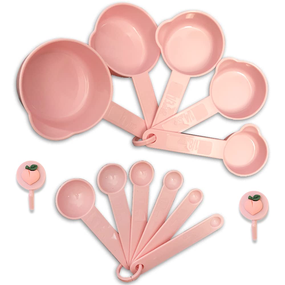 11-Piece Plastic Measuring Cups and Spoons Set with Kitchen Hooks - Nordic Color (Pink) for Baking, Cooking & Meal Prep