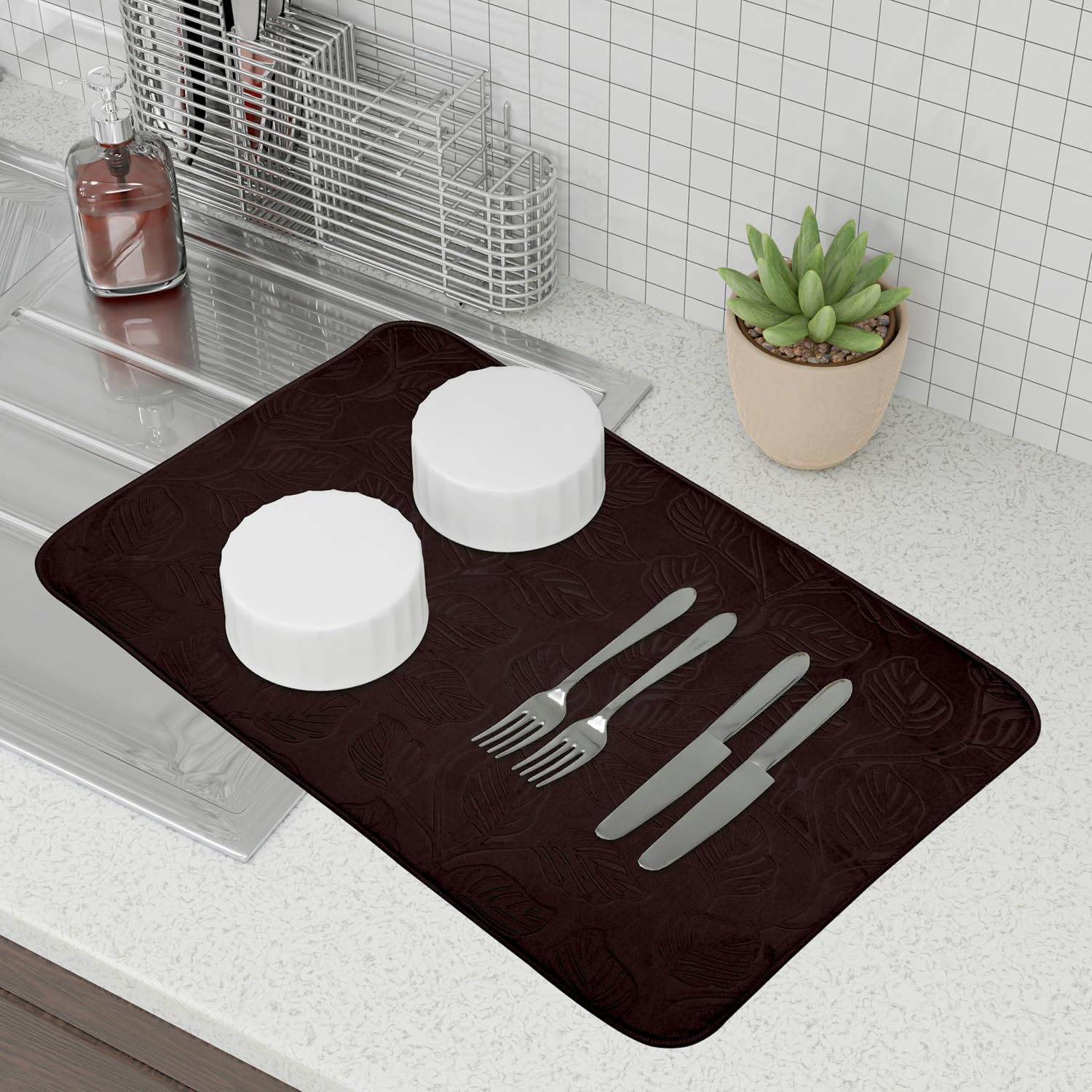 Kuber Industries Microfiber Dish Drying Mat - Super Absorbent Kitchen Counter Mat for Dishes, Utensils & Cookware - Quick-Dry Non-Slip Embossed Design - 38x50 Inches (Brown) - Perfect for Countertops, Sinks & Drying Racks
