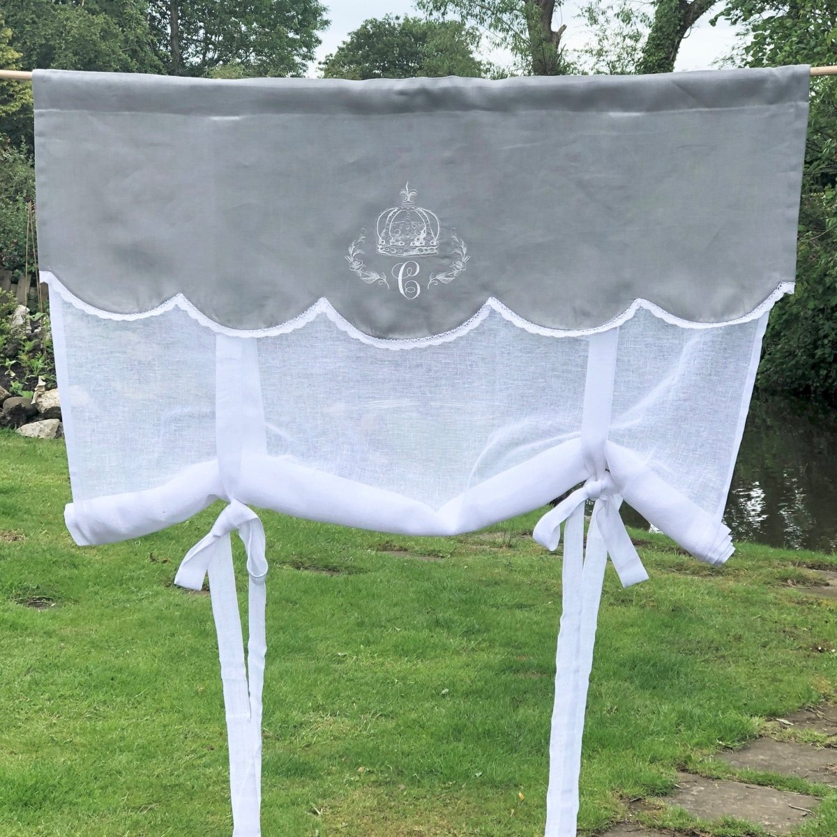 64 Inch Grey Linen Scalloped Door Panel with Crown Monogram - Elegant Home Decor for Bedroom, Living Room & Entryway