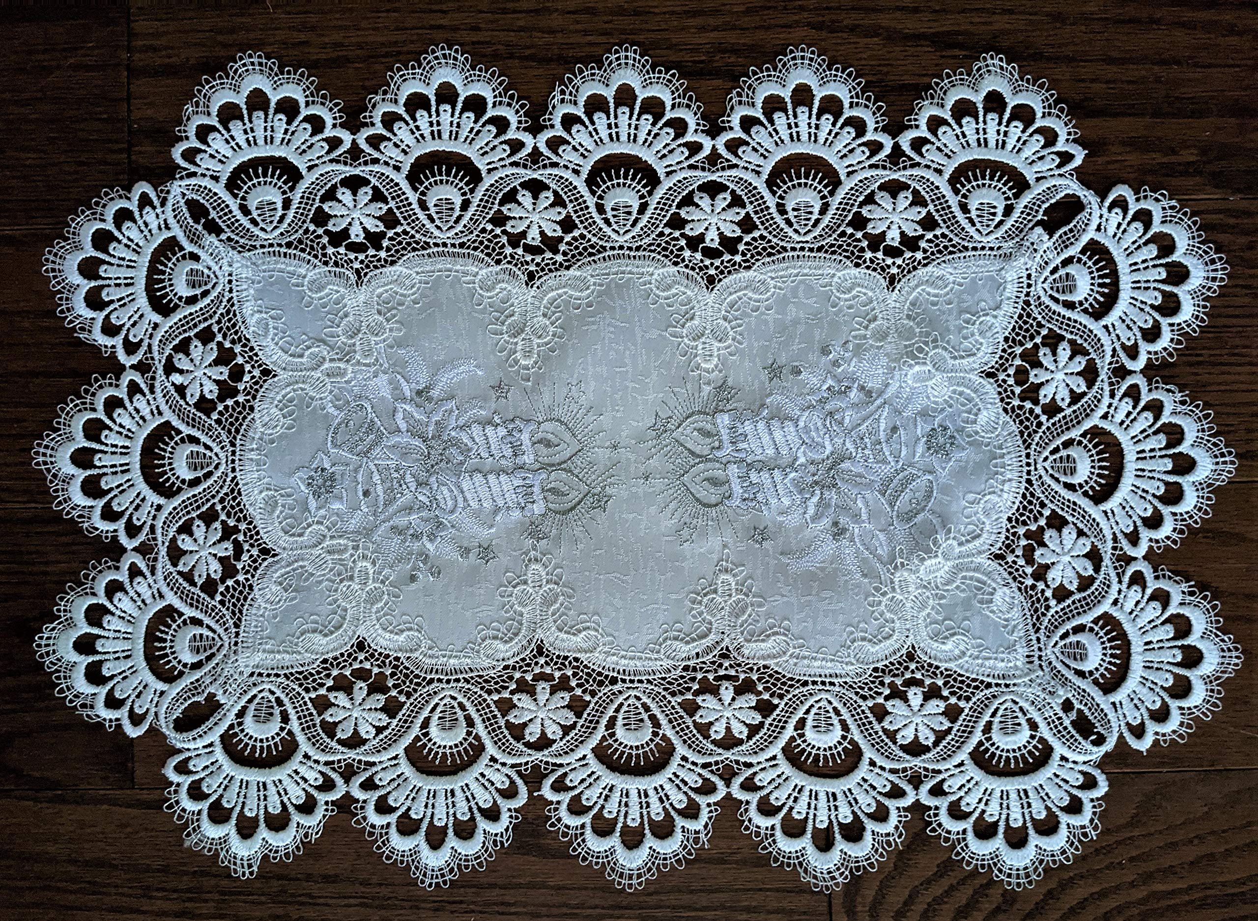 Antique White Christmas Doily Placemat Set - 28x14 Inch Lace Table Runner with White Candles Decor for Holiday Dining, Party, and Home Decor