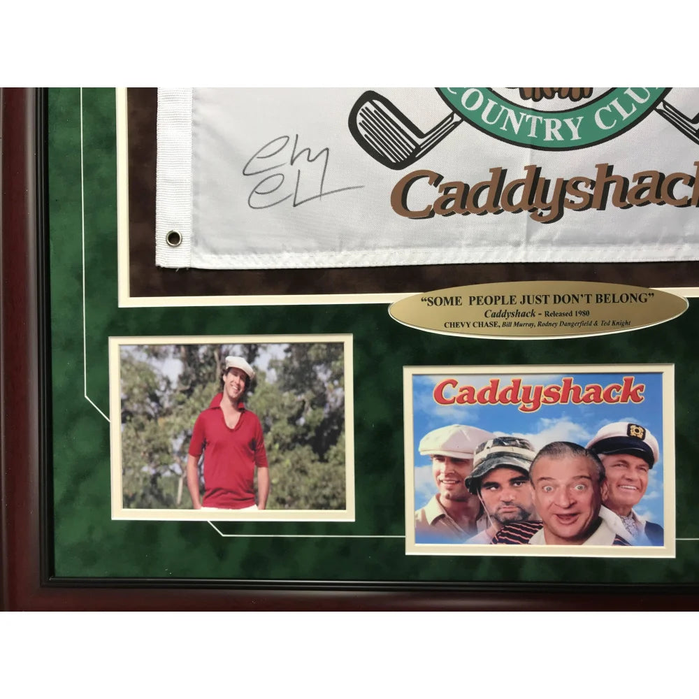 Authentic Chevy Chase Signed Caddyshack Memorabilia - Framed Flag Collage with COA & JSA Certification - Bushwood Country Club Pin - Perfect for Movie Collectors & Golf Lovers