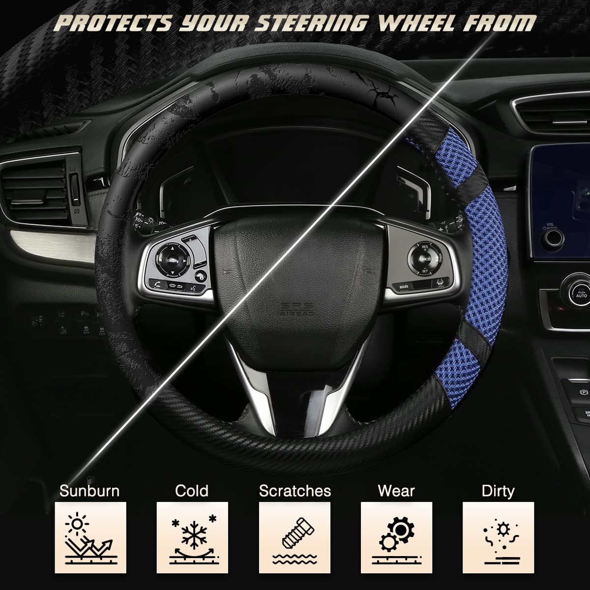 BOKIN Carbon Fiber Steering Wheel Cover - Universal Fit 14.5-15 Inch, Microfiber Leather Car Steering Wheel Protector with Breathable Ice Silk Technology | Keeps Cool in Summer & Warm in Winter | Carbon Fiber Blue Design | Perfect for Daily Commute, Road Trips & Enhanced Driving Comfort