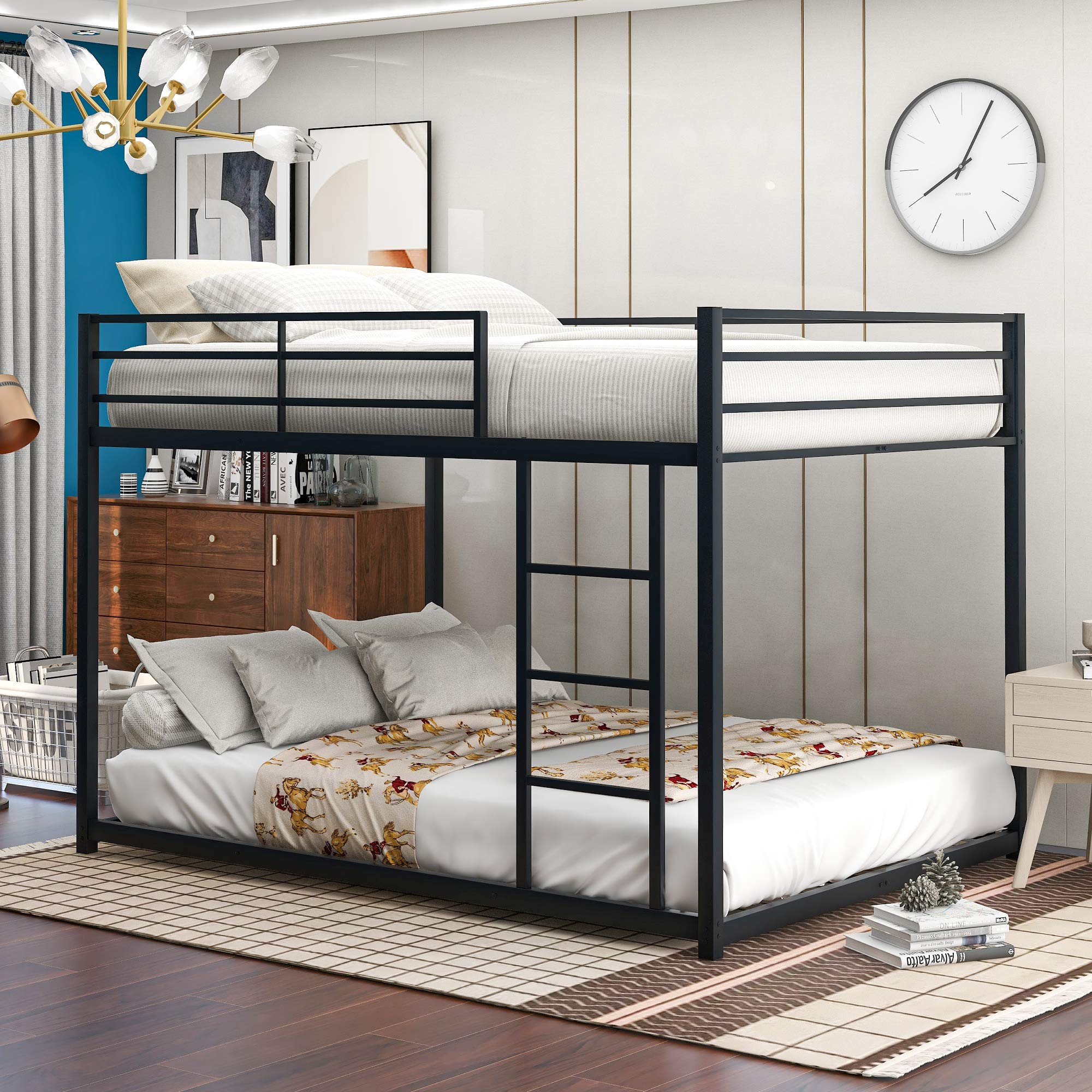 Knocbel Low Profile Full Over Full Bunk Bed with Ladder - Sturdy Metal Platform Bed Frame with Safety Guardrails & Slats Support (Black) - Perfect for Kids' Rooms, Dormitories & Space-Saving Bedroom Solutions