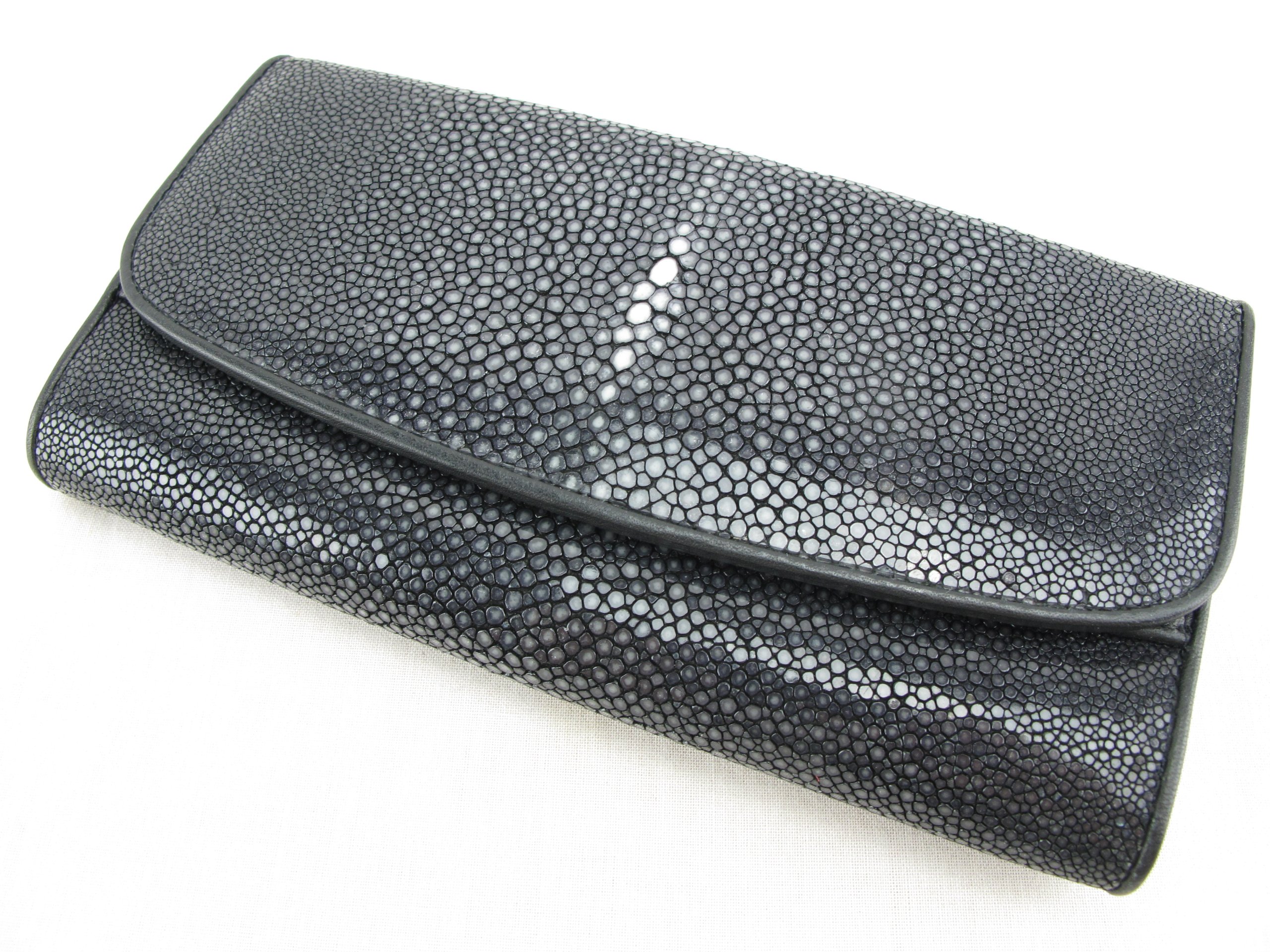 PELGIO Genuine Polished Stingray Skin Women's Trifold Clutch Wallet - Elegant Black Leather Purse for Evening Parties, Weddings & Special Occasions