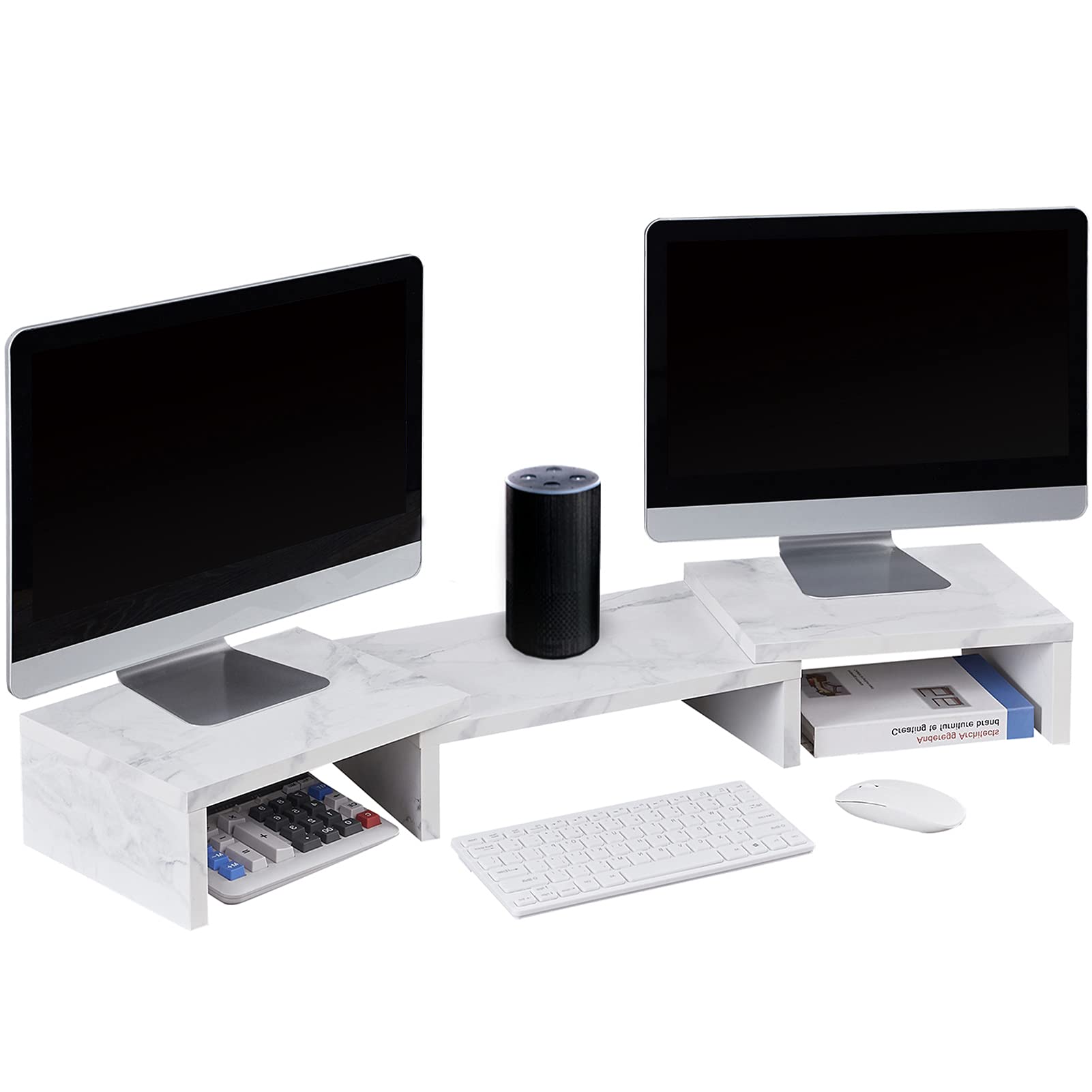 SUPERJARE Adjustable Dual Monitor Stand Riser - Multi-Screen Desktop Organizer for Laptop, Computer, TV & Printer - Space Saving Marble Design for Home & Office Workspace