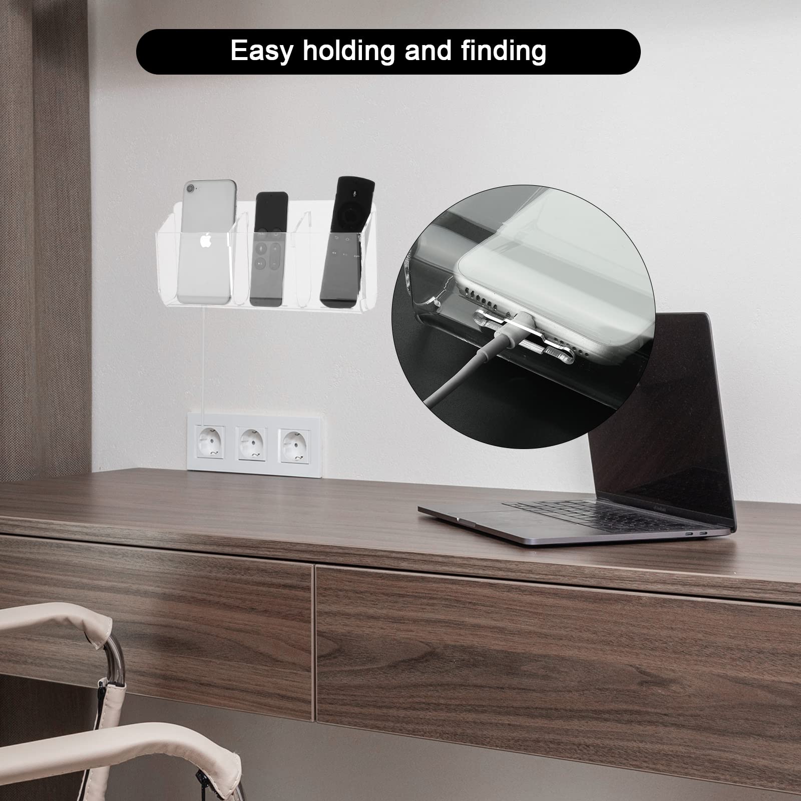 Cosmos Remote Control Stand Wall Mount Phone Holder with Removable Block Wall Shelf - Multipurpose Storage Organizer for Cell Phone Charging (Transparent Clear) - Perfect for Living Room, Bedroom & Office Organization