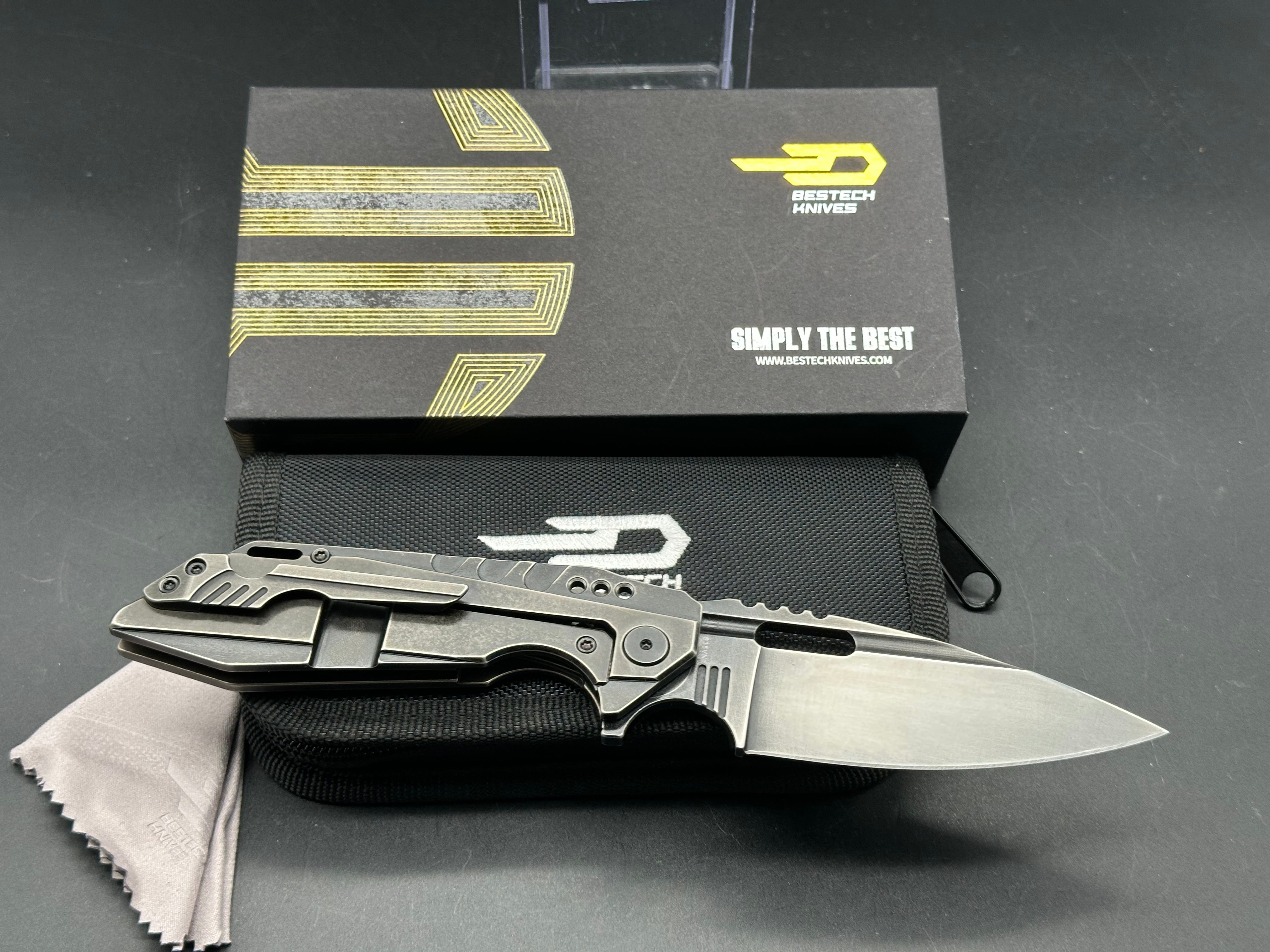 Bestech & TKT Shodan Folding Knife - Antique Dark Bronze Stonewash Titanium Handle - EDC Pocket Knife for Outdoor Camping, Hiking & Everyday Carry