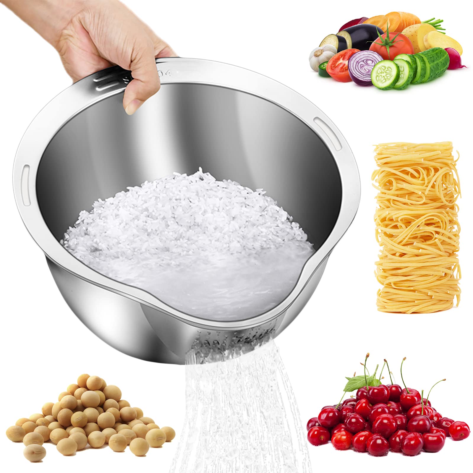 4-in-1 Stainless Steel Rice Washer & Colander Bowl - Perfect for Washing Quinoa, Fruits, Vegetables and Beans - Drain Holes Design for Easy Rinsing - Ideal for Healthy Cooking & Meal Prep in Modern Kitchens