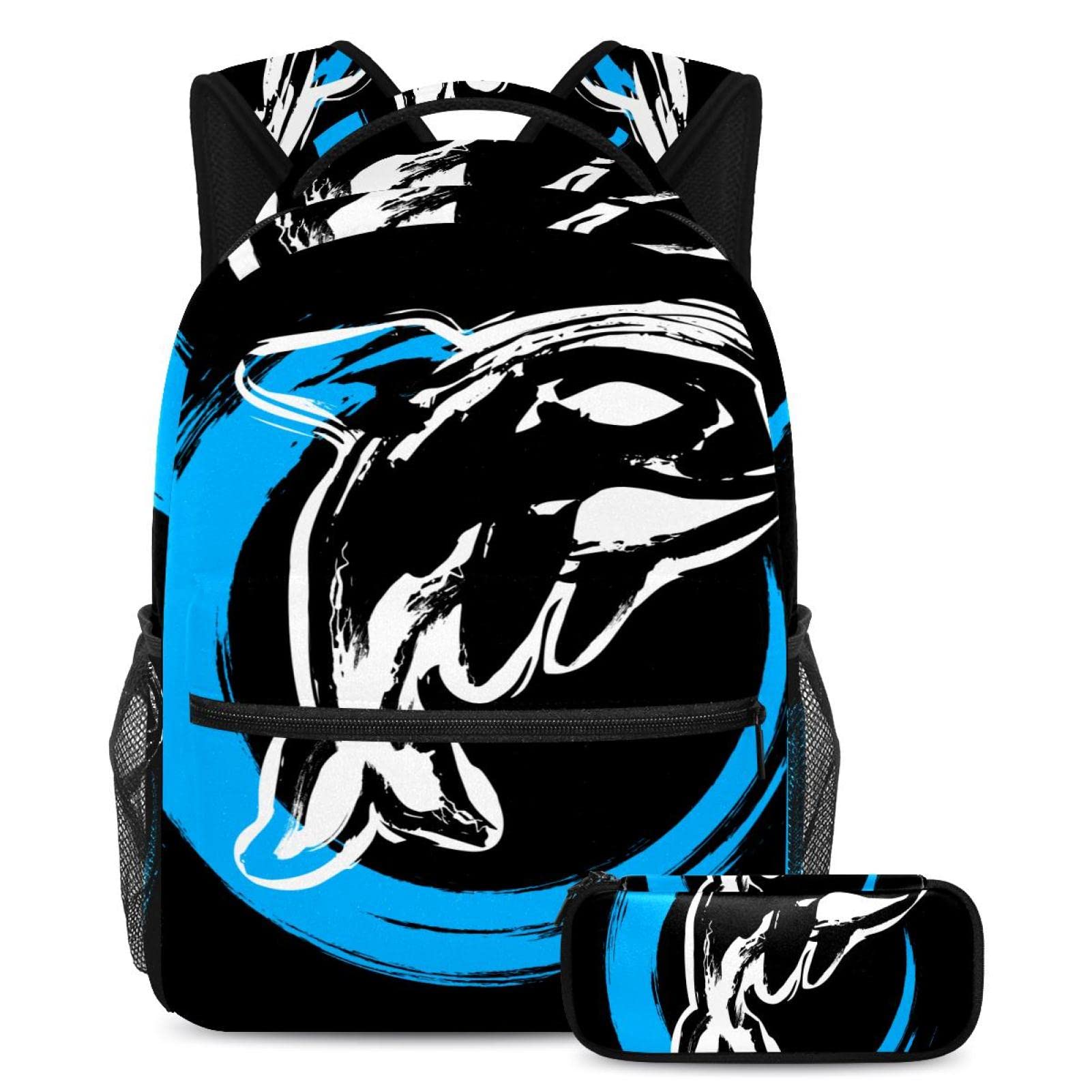 Black Killer Whale Orca Print Backpack Set for School - 2PCS Bookbags with Pencil Case | Durable Backpacks for Elementary, Middle & High School Students | Perfect for Daily Use, Travel & Outdoor Activities