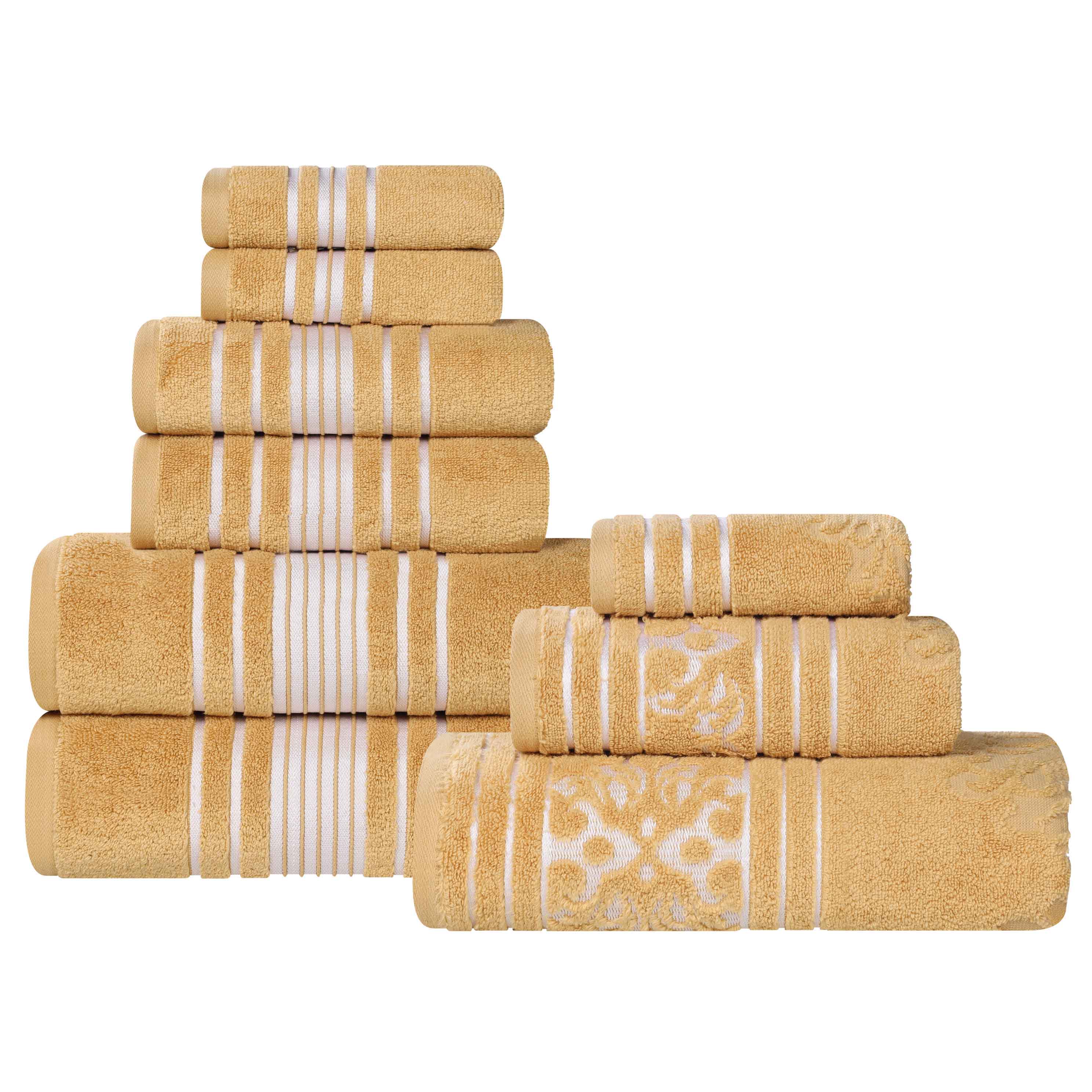 Sadie 9-Piece Zero Twist Cotton Towel Set - Solid & Jacquard Floral Bath Towels, Hand Towels & Washcloths - Soft & Absorbent for Bathroom, Spa & Guest Room
