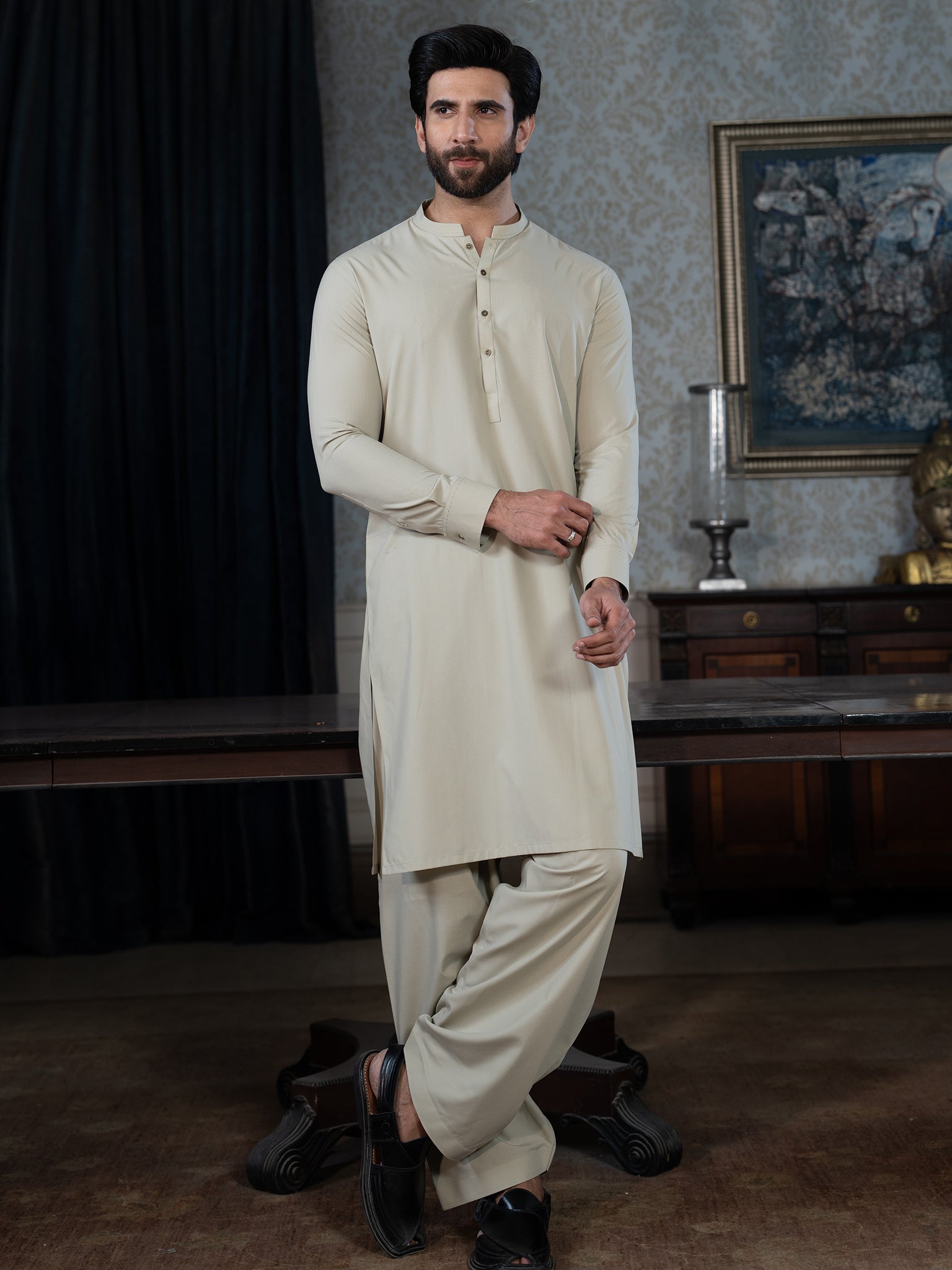 Blended Stripes Moss Grey Kurta Trouser by J. Junaid Jamshed | Premium Pakistani Ethnic Wear for Men | Perfect for Eid, Weddings & Formal Occasions