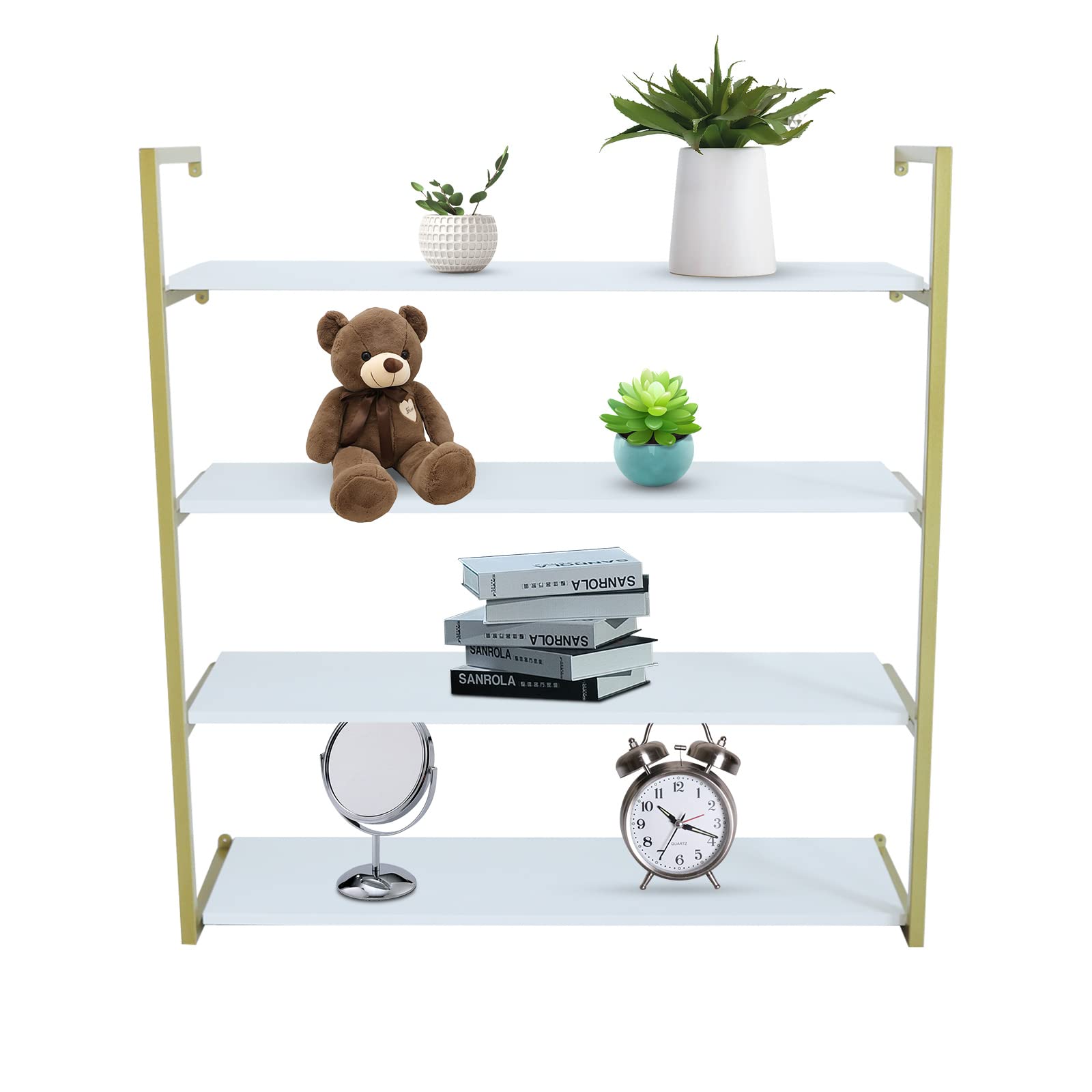 TFCFL 4-Tier Wall-Mounted Floating Shelves - Gold Metal Frame with Wooden Board - 36 Inch Storage Shelf for Kitchen, Study, Living Room, Bedroom & Bathroom - Perfect for Organizing Spices, Books, Decor & Bath Essentials