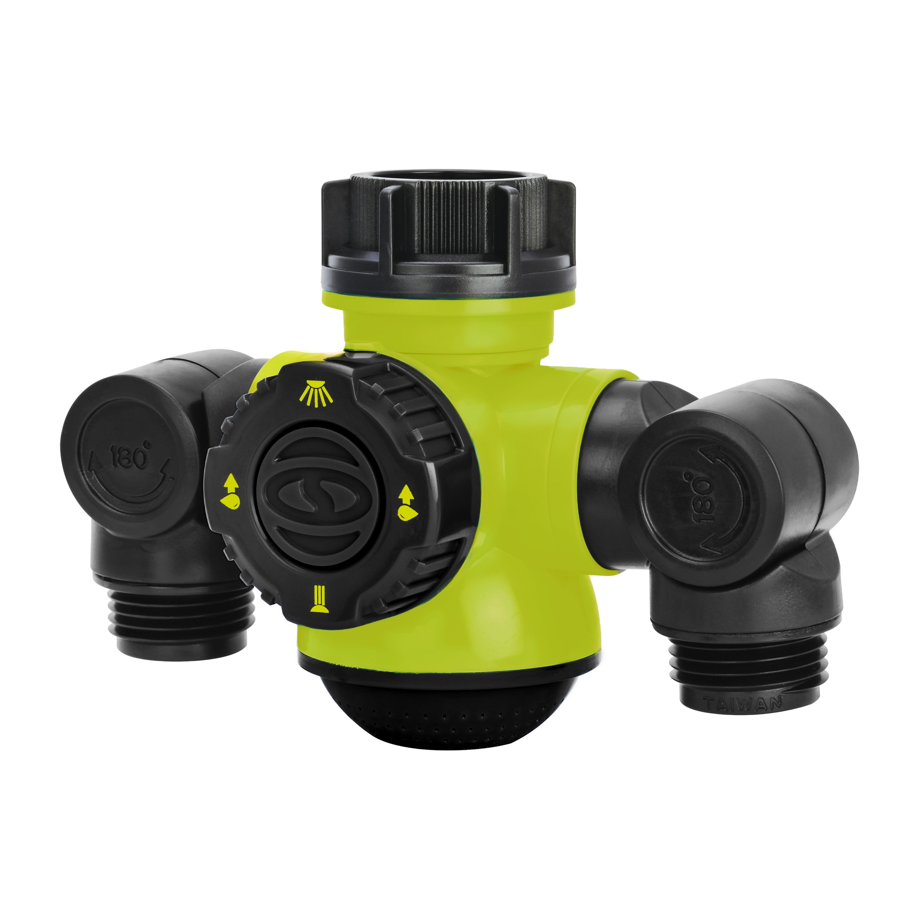 Aqua Joe SJI MFGA2 SJG Multi-Function Outdoor Faucet & Dual Garden Hose Tap Connector - Heavy Duty Green Brass Garden Water Splitter for Lawn, Yard & Patio Irrigation System