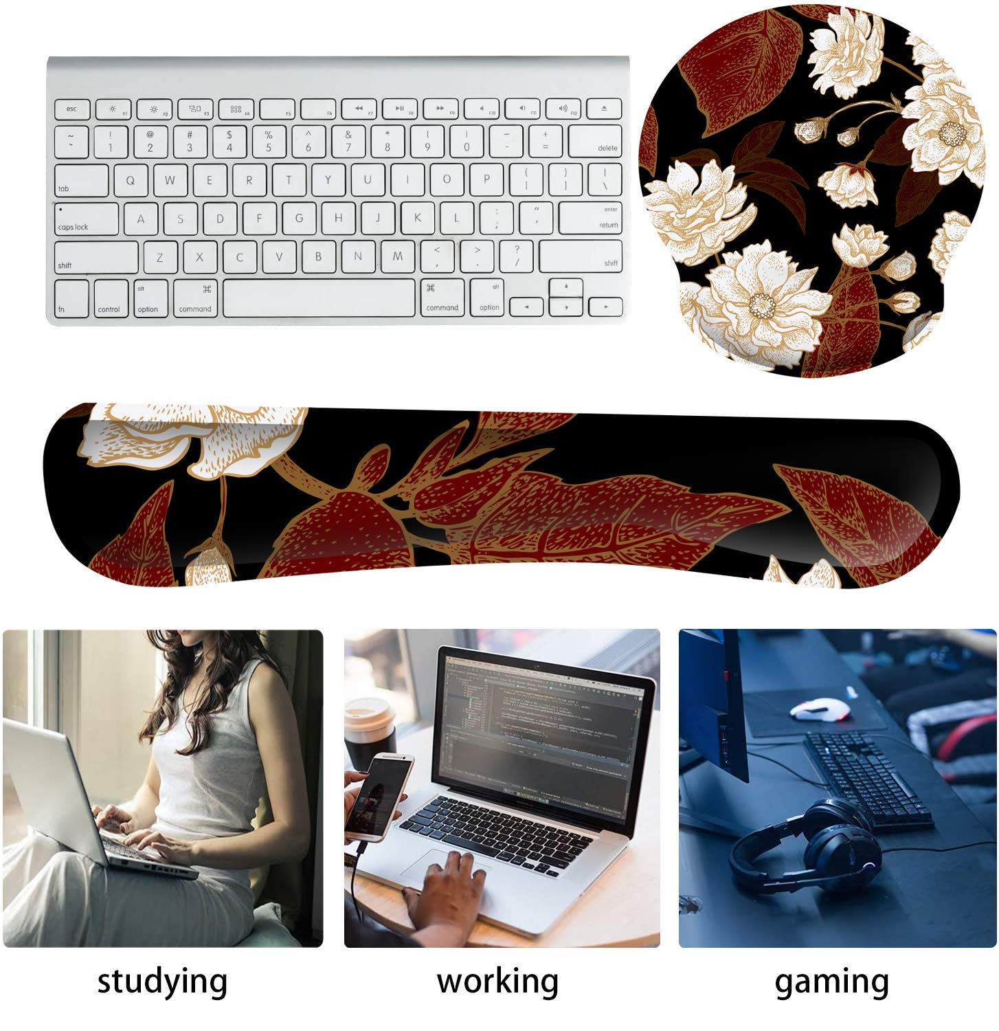 Ergonomic Keyboard Wrist Rest & Mouse Pad Set with Memory Foam Support - Comfortable Typing for Home, Office & Gaming Computers (White Flower Design) - Perfect for Long Work Sessions, Programming & PC Gaming