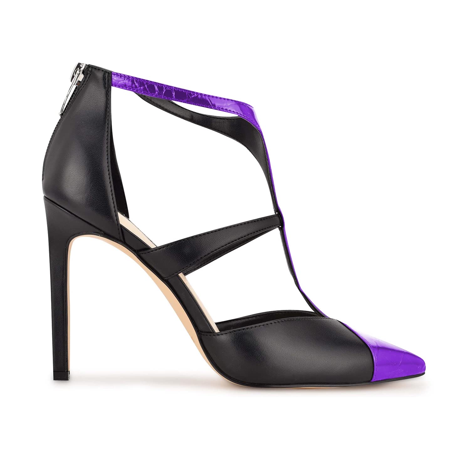Fashion Women's T-Strap Zip-Up Cutout Two-Tone Heeled Sandals - Sexy Crocodile Leather Patchwork Ankle Strap High Stiletto Heels (4 Inch) - Black Dress Pumps for Women US Size 4-16 M - Perfect for Evening Parties, Date Nights & Special Occasions
