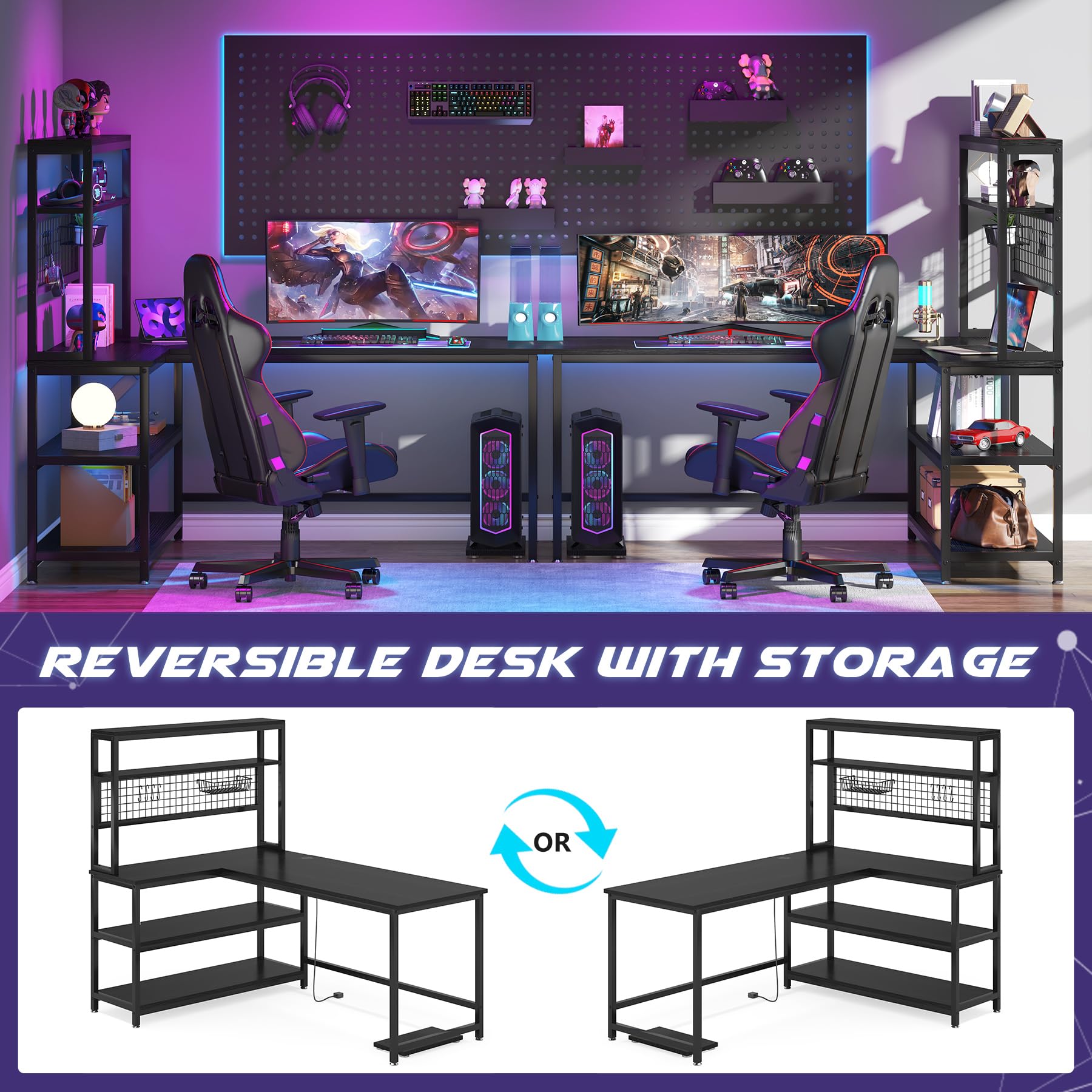 Tribesigns 55 Inch Large Computer Desk with Wireless Charging & 5 Storage Shelves - Home Office Desk, Study Table, Writing Desk Workstation with Hutch Bookshelf (All Black) - Perfect for Remote Work, Gaming & Small Space Home Offices