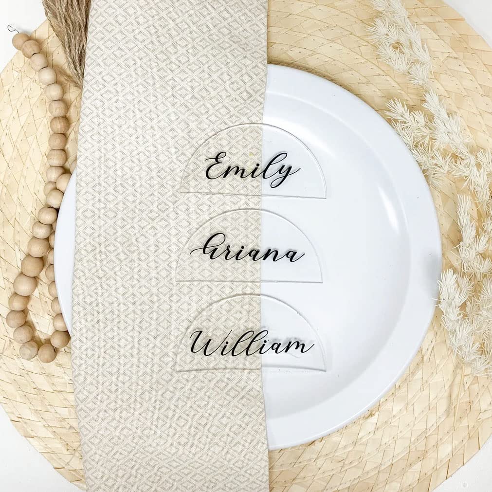 JINMURY 20 Pcs Clear Half Circle Acrylic Place Cards for Weddings - DIY Handwritten Seating Name Cards, Arch Acrylic Blanks for Table Decor - Perfect for Wedding Reception, Bridal Shower, and Banquet Place Settings