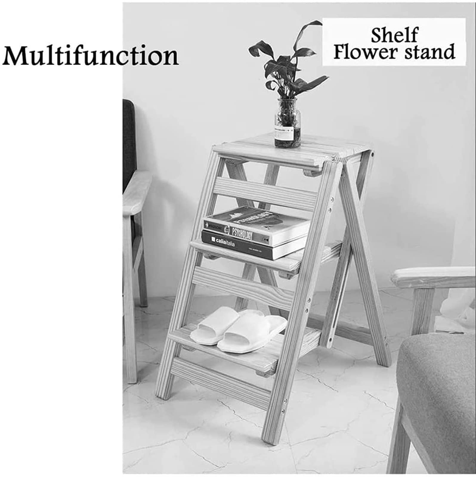 KAZUP 3-Step Wooden Folding Step Stool for Home, Multifunctional Indoor Ladder Stool with Non-Slip Surface - Perfect for Kitchen, Bathroom, and Kids' Room