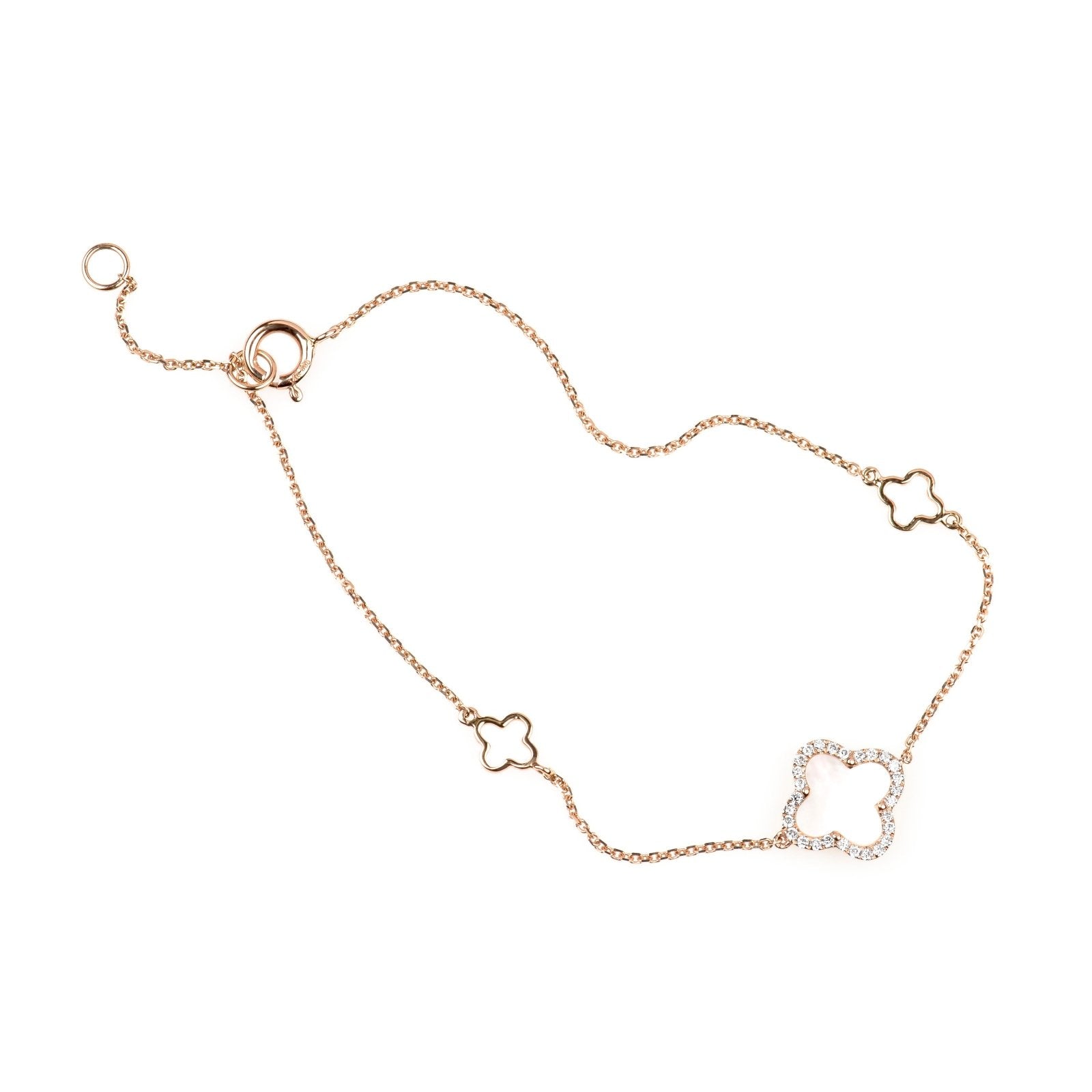 14k Rose Gold Mini Mother of Pearl & Diamond Halo Clover Bracelet - Elegant Dainty Station Jewelry for Women, Perfect for Everyday Wear, Gift Giving & Special Occasions