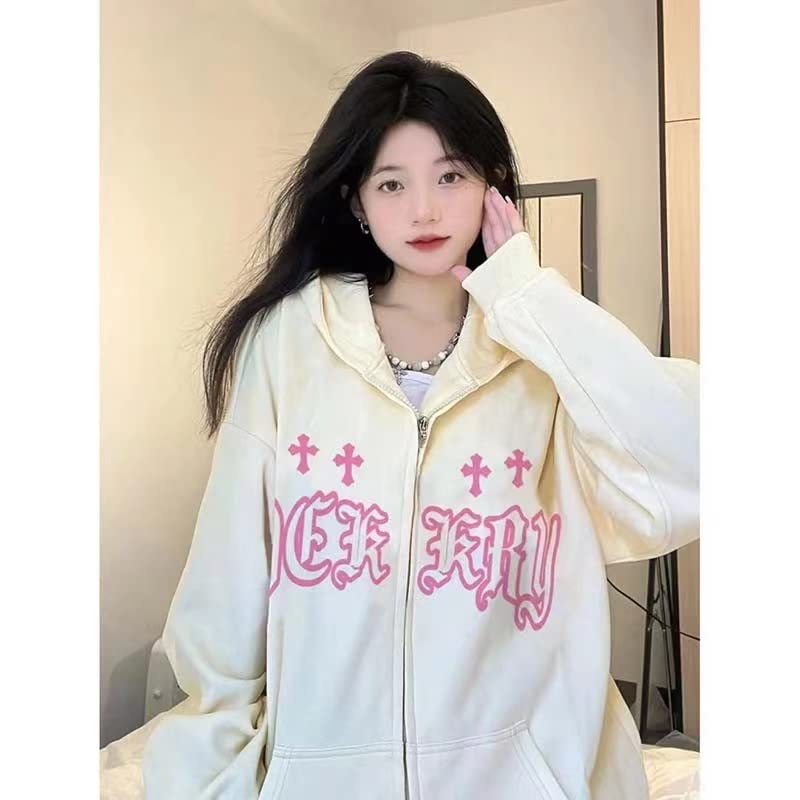 Goth Embroidery Hoodie for Women - High Street Harajuku Retro Hip Hop Zip Up Sweatshirt | Loose Fit Y2K Style Hoodie for Streetwear & Casual Fashion