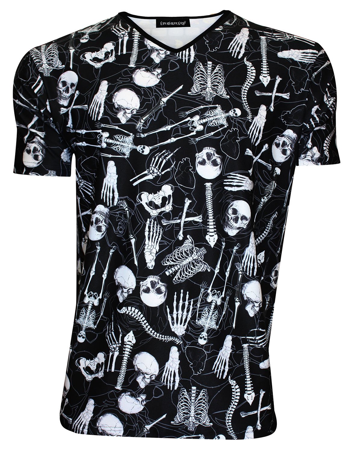 Gothic Skeleton Skull Bones Print V-Neck T-Shirt for Men - Dark Aesthetic Graphic Tee for Halloween, Punk Fashion & Alternative Streetwear