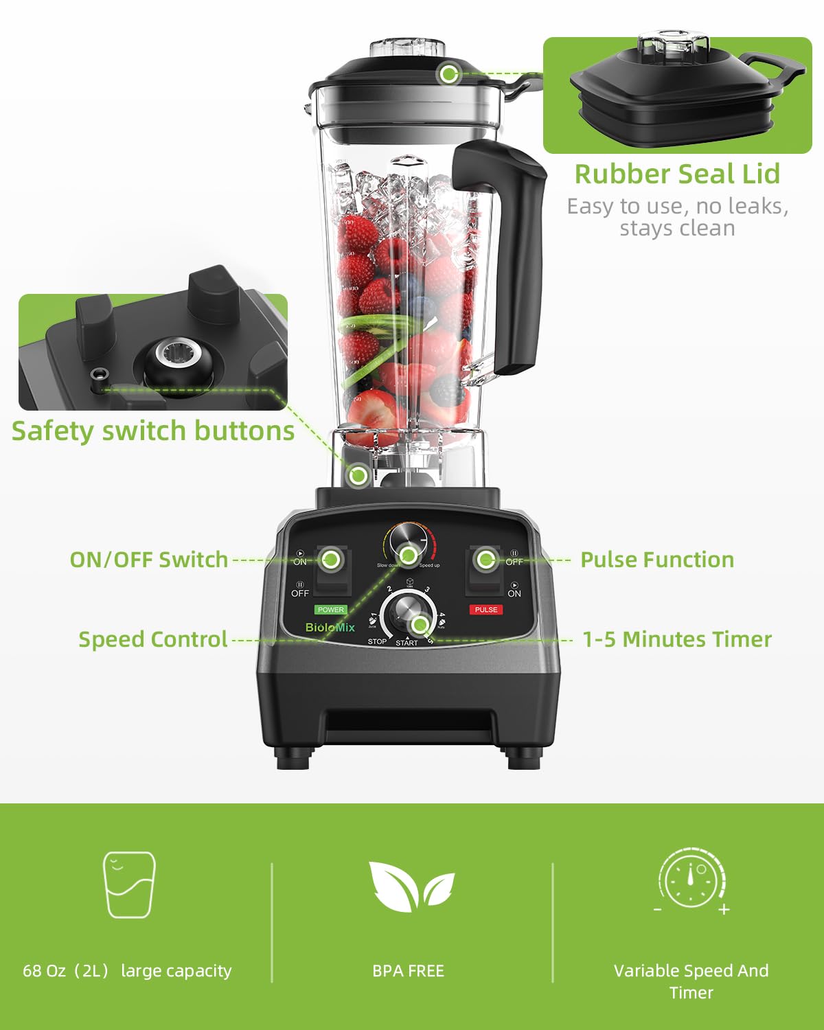 BioloMix 2200W High-Power Countertop Blender - Professional Kitchen Blender for Smoothies, Ice Crushing & Soup Making - Commercial & Home Use with Timer - Perfect for Frozen Fruits, Juices & Meal Prep