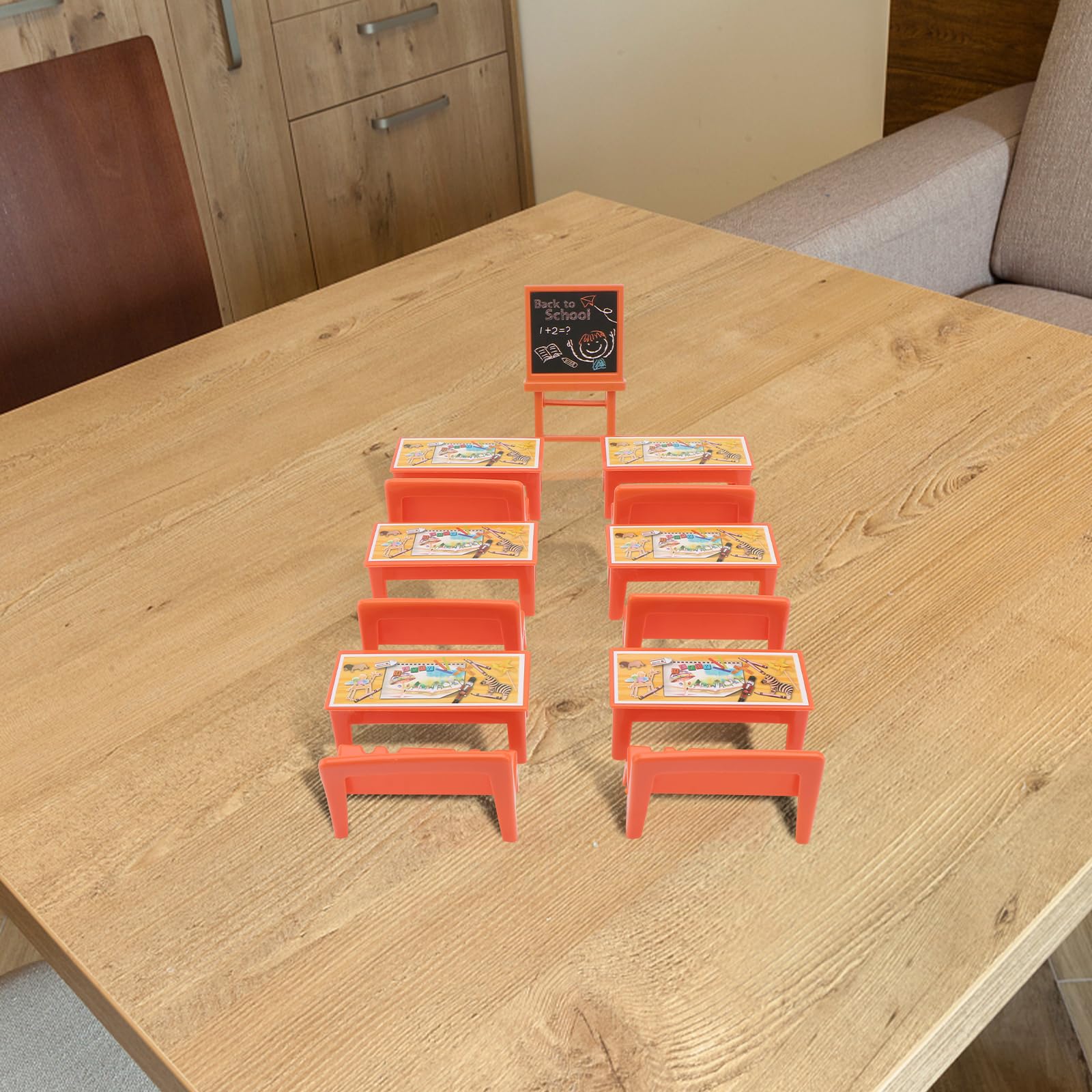 Miniature Classroom Furniture Set - Dollhouse Desk, Chair & Chalkboard - Realistic School Playset for Dollhouses - Perfect for Educational Play, Doll Display & Miniature School Scenes