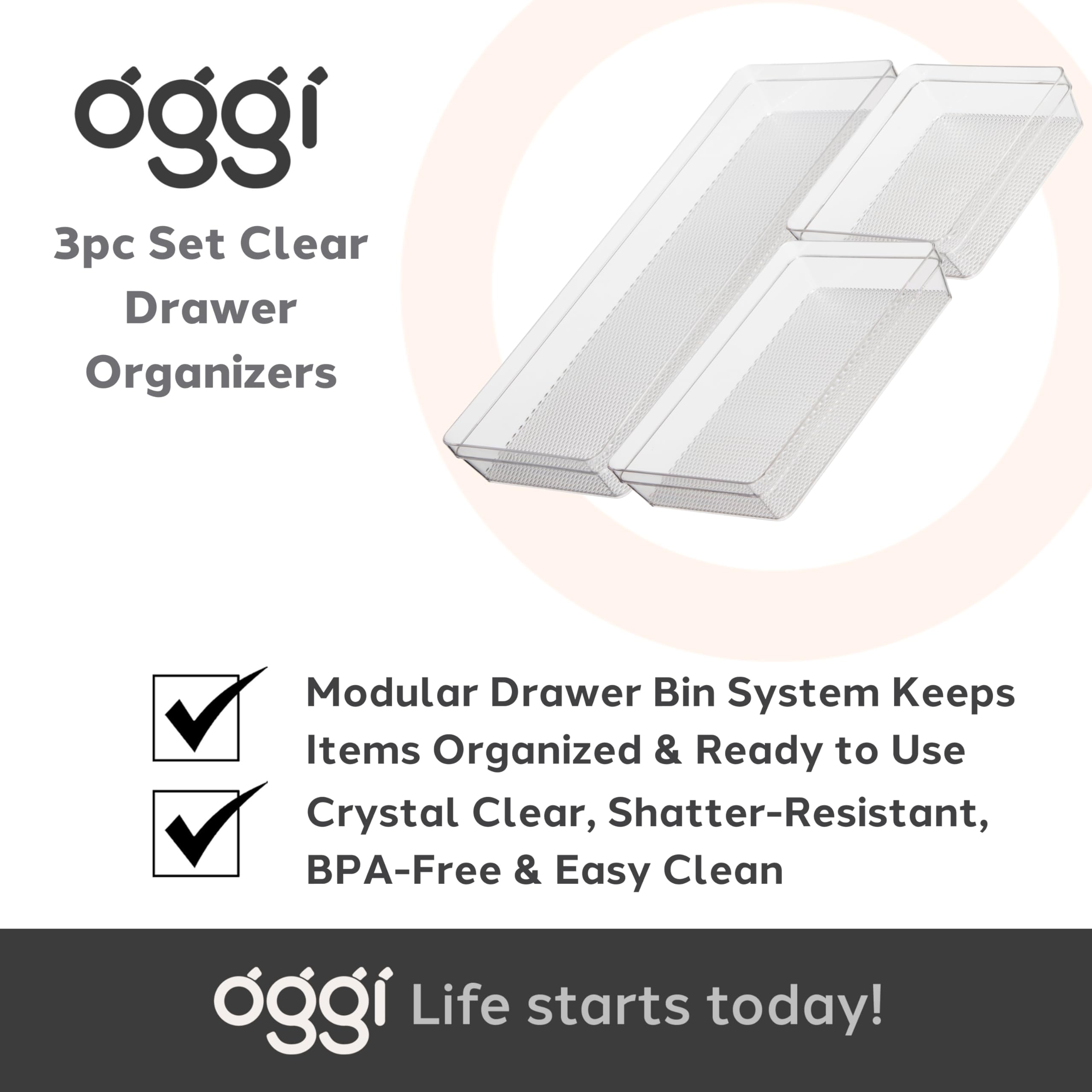 Oggi 3-Piece Clear Plastic Drawer Organizer Set - 6x6.25, 6.25x9.25 & 6.25x15.75 Inches - Kitchen Drawer Organizers for Utensils, Office Supplies, Makeup & Bathroom Storage - Perfect for Home, Office & Dorm Organization