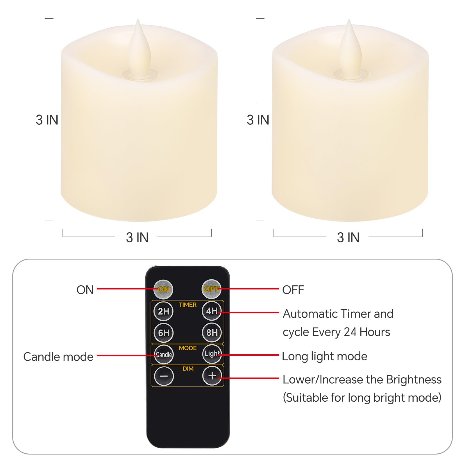 3x3 Inch Flameless LED Candles Set of 2 - Battery Operated Pillar Candles with Realistic Flickering Effect & Timer, Remote Control - Perfect for Wedding Centerpieces, Holiday Decor, Home Ambiance Lighting (Ivory)