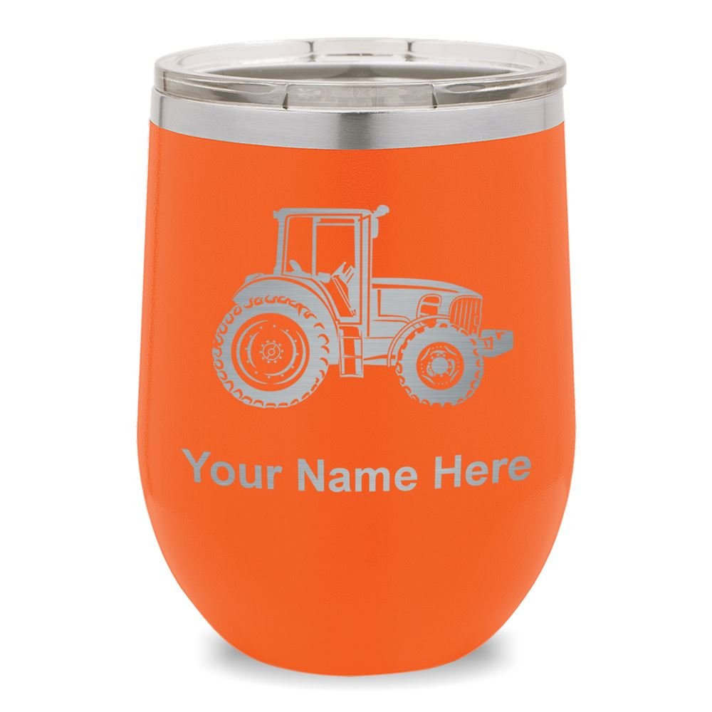 Personalized Engraved Wine Glass Tumbler with Farm Tractor Design - Perfect for Farmers, Wine Lovers & Rustic Weddings (Orange)
