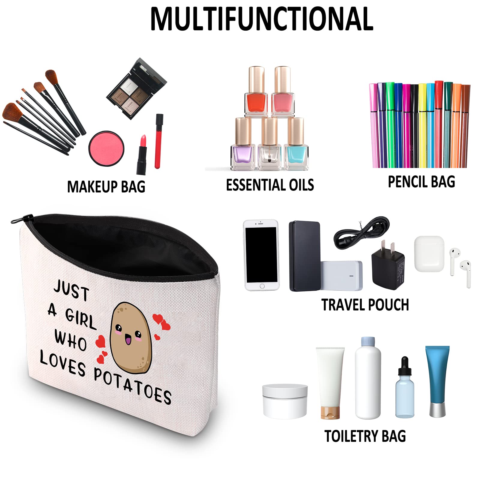 G2TUP Potato Lover Gift - Just A Girl Who Loves Potatoes Makeup Bag | Potato Queen Cosmetic Pouch | Food Lover Travel Organizer with Zipper for Women | Perfect for Travel, Gym & Daily Makeup Storage
