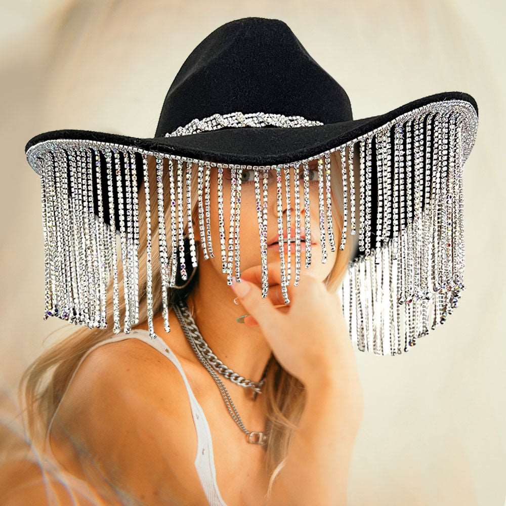 Stylish Black Rhinestone Fringe Cowboy Hat for Women | Western Fashion Accessory | Perfect for Country Concerts, Rodeos & Cowgirl Costumes