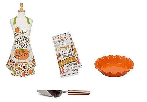 Pumpkin Spice Cotton Apron Set - 4 Pc with Recipe & Pie Plate for Baking Gifts